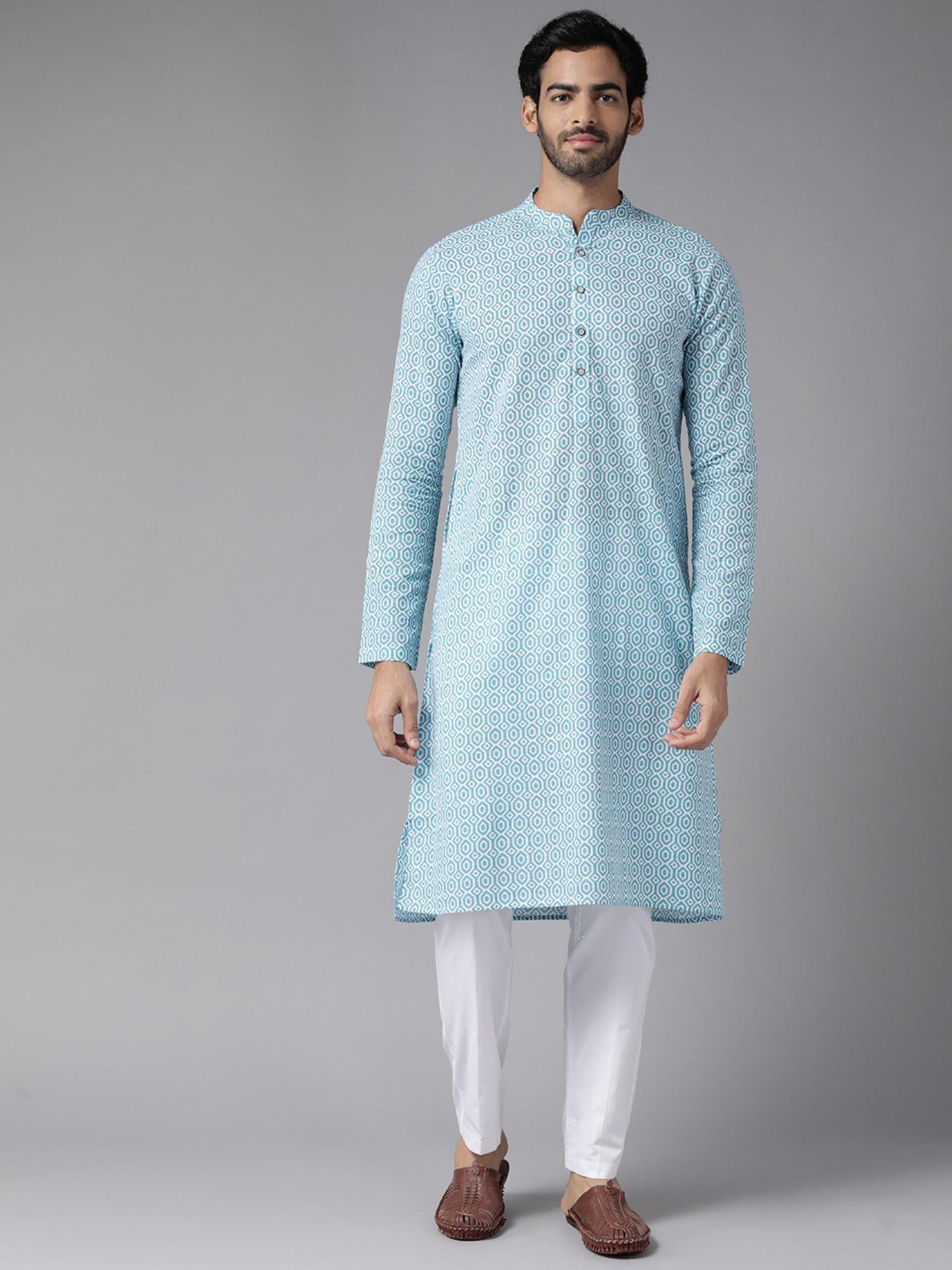 men-blue-coloured-&-white-printed-cotton-kurta-with-pyjama-(set-of-2)