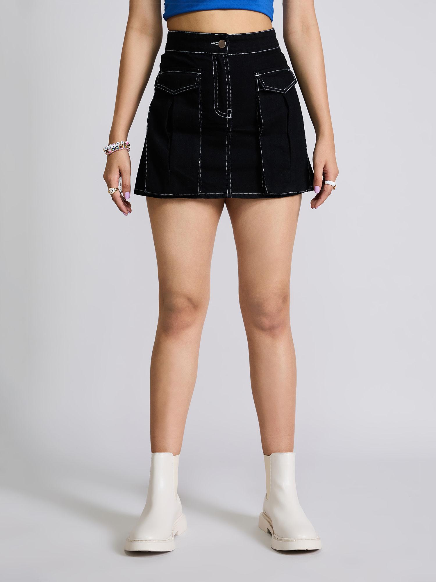 black-cargo-high-waist-mini-denim-skirt