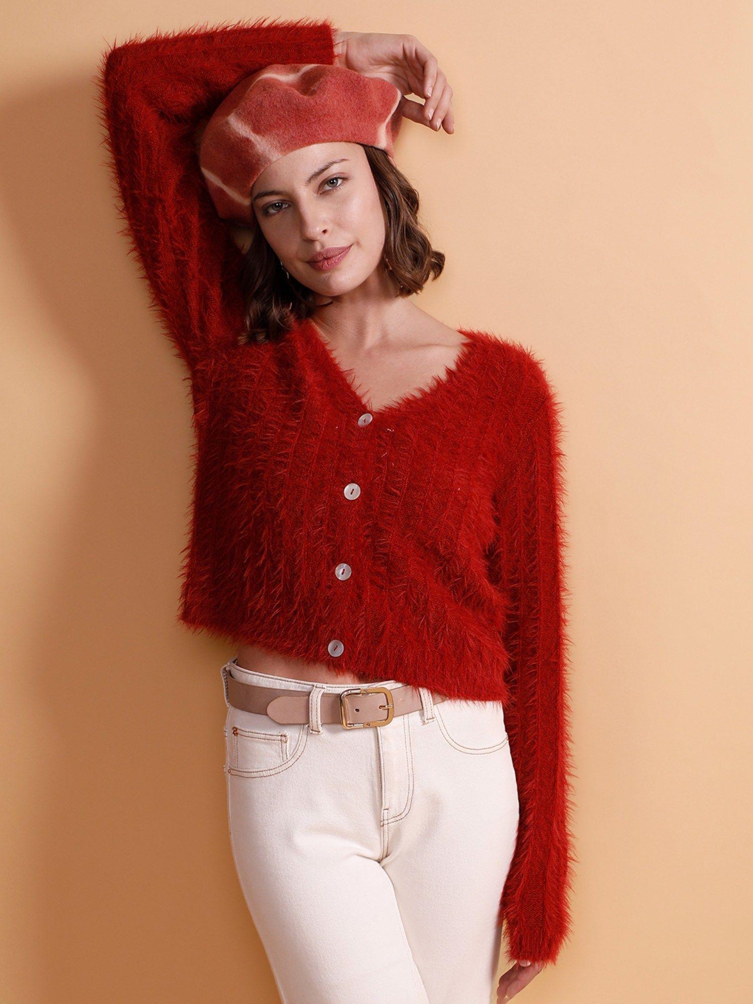 red-fuzzy-detail-cardigan