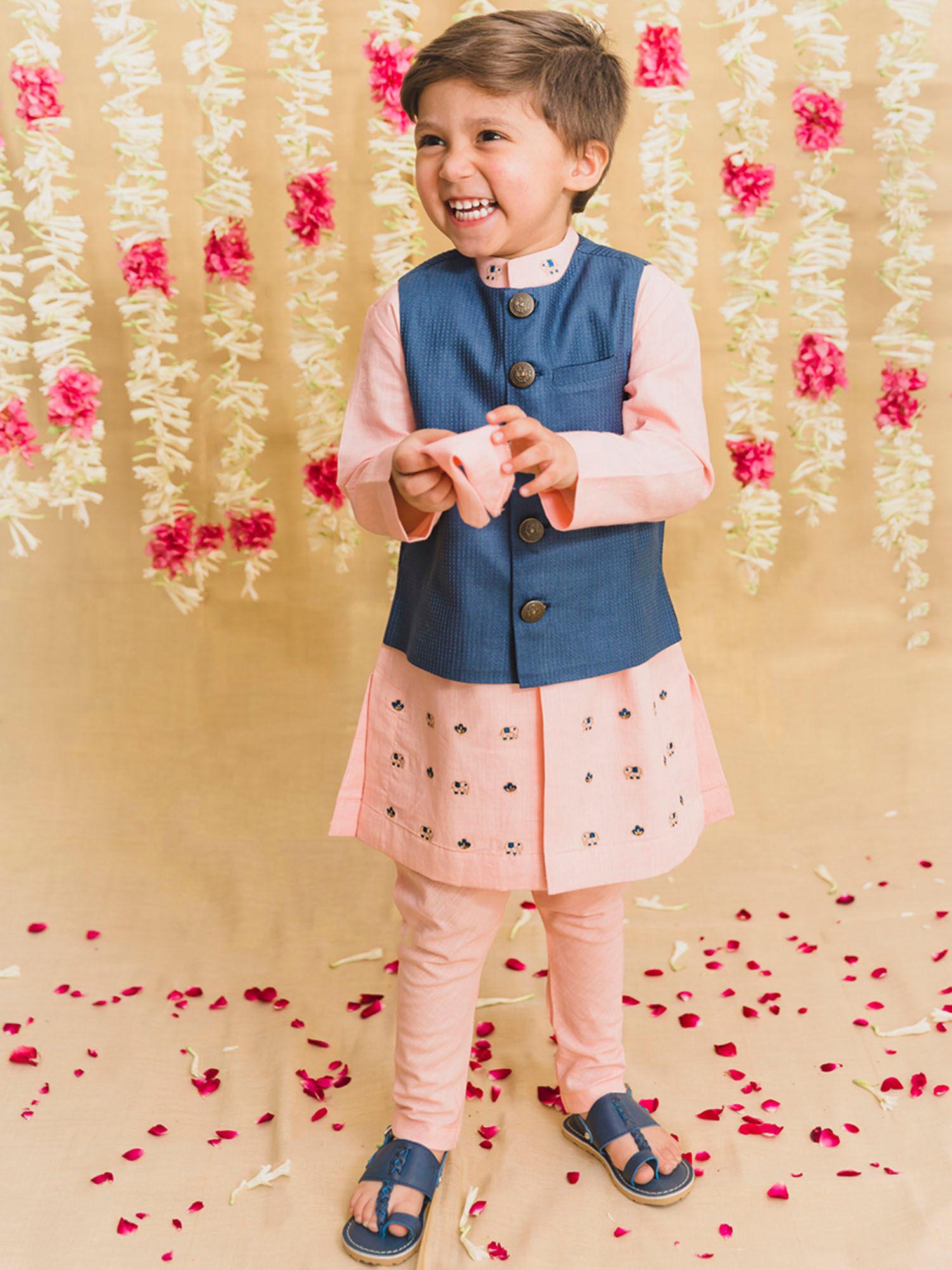 boys-embroidered-buta-silk-kurta-pyjama-&-jacket---pink,-blue-(set-of-3)