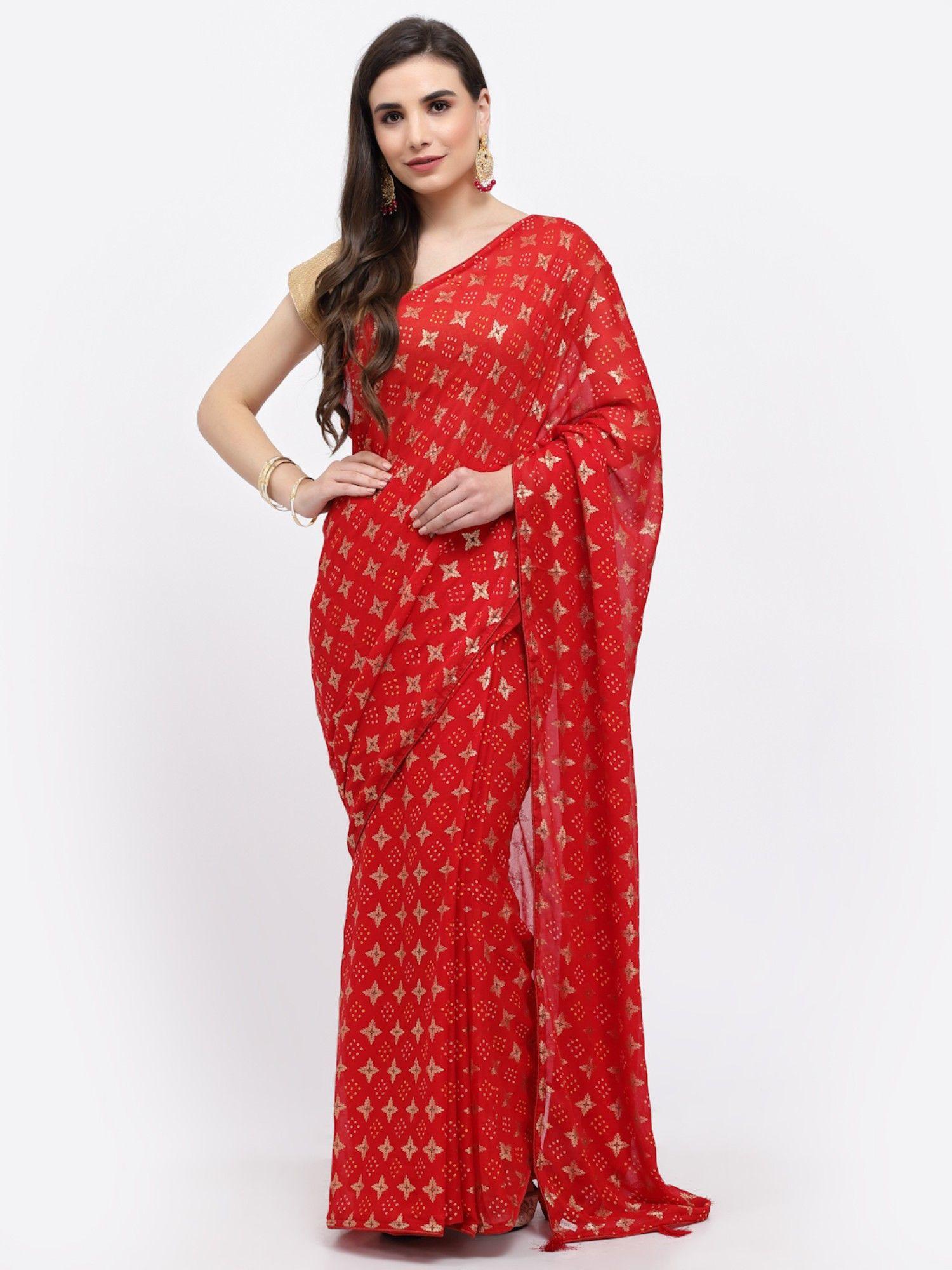 women-bandhani-&-geometric-print-georgette-saree-&-blouse-red-with-unstitched
