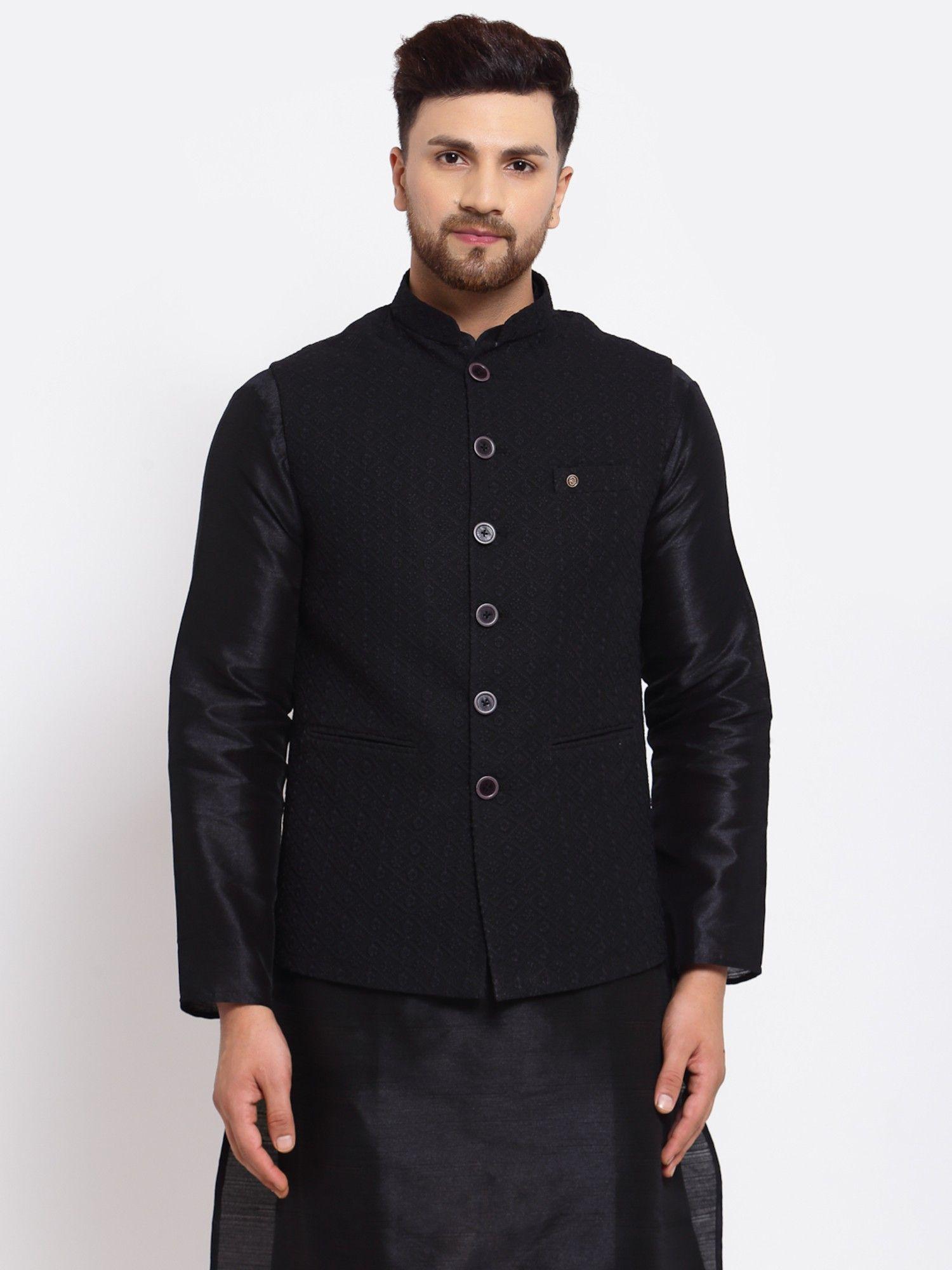 men-georgette-black-printed-nehru-jacket