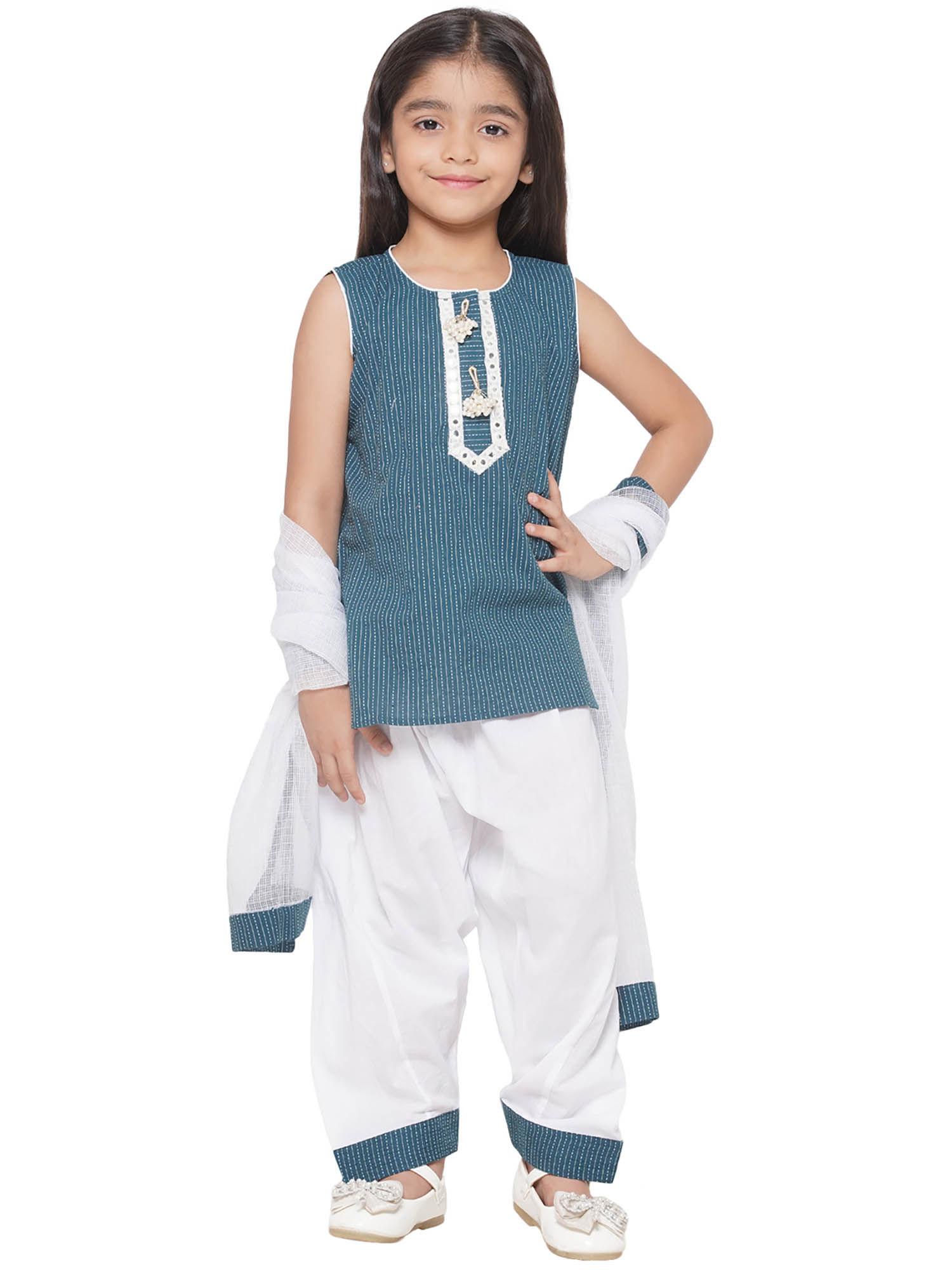 girls-embroidered-kurta-with-lace-salwar-&-dupatta-teal-(set-of-3)