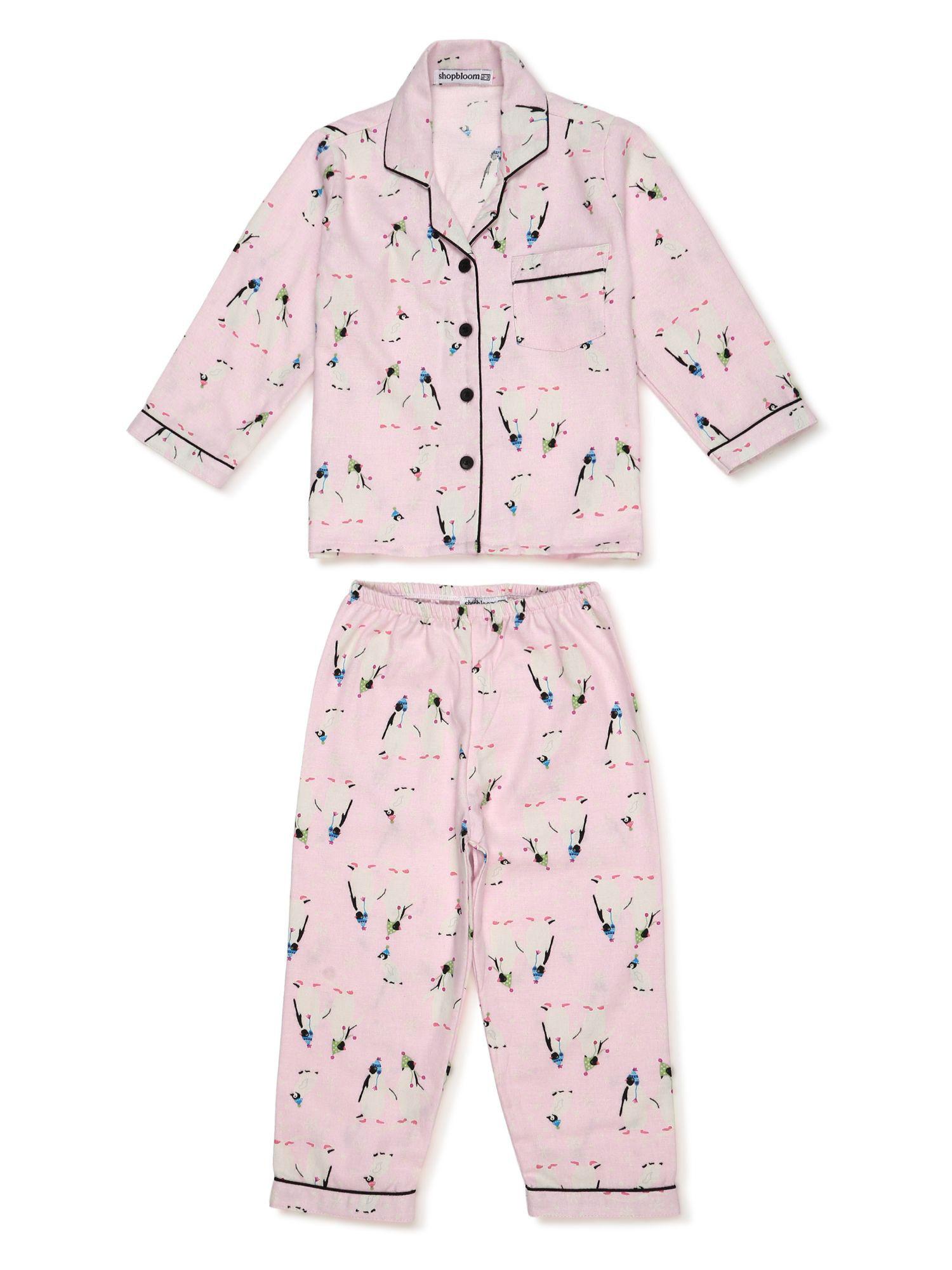 light-pink-penguin-print-cotton-flannel-long-sleeve-kid's-night-suit