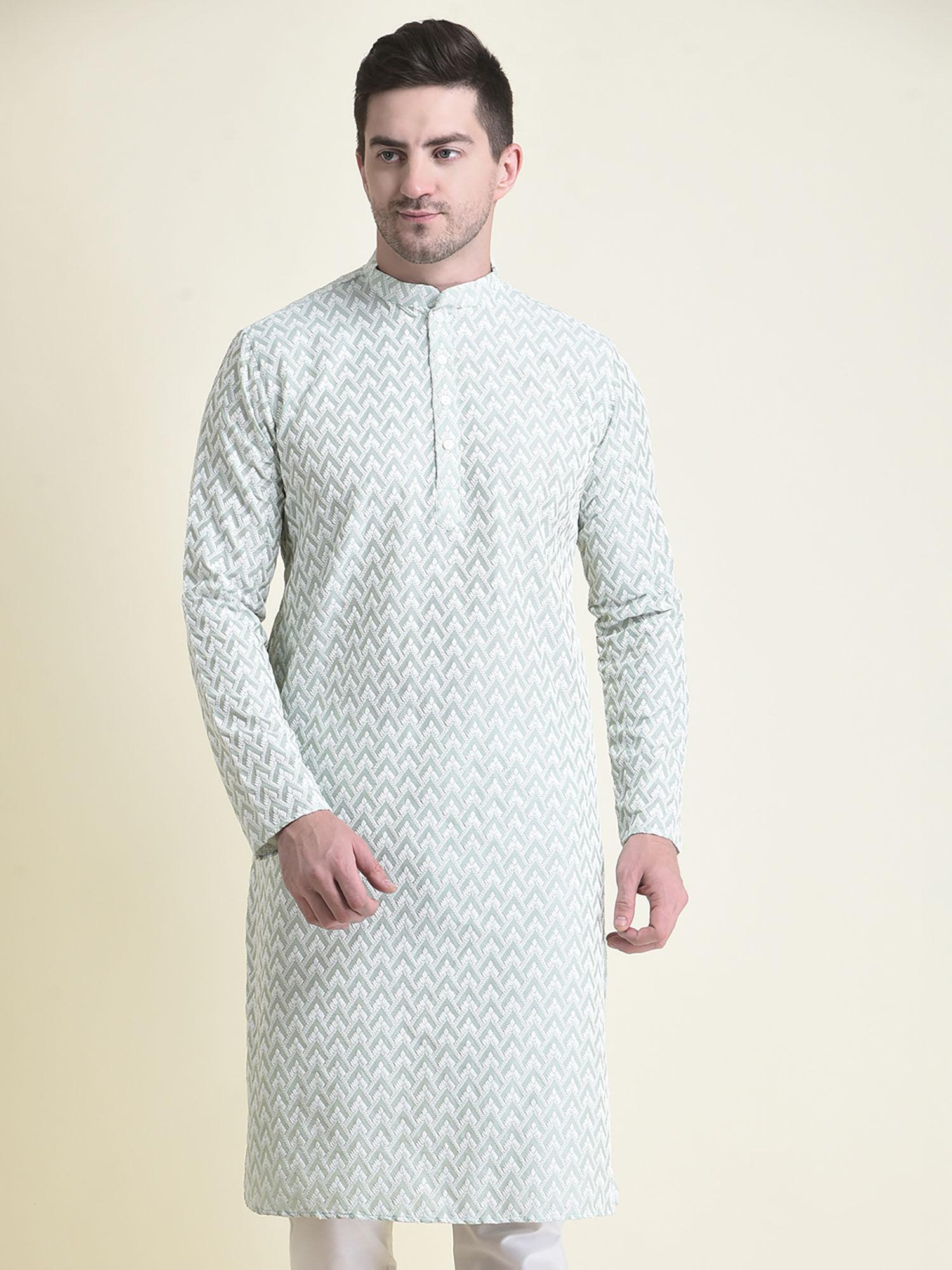 ethnicwear-green-cotton-embroidered-long-sleeves-mandarin-kurta-for-men