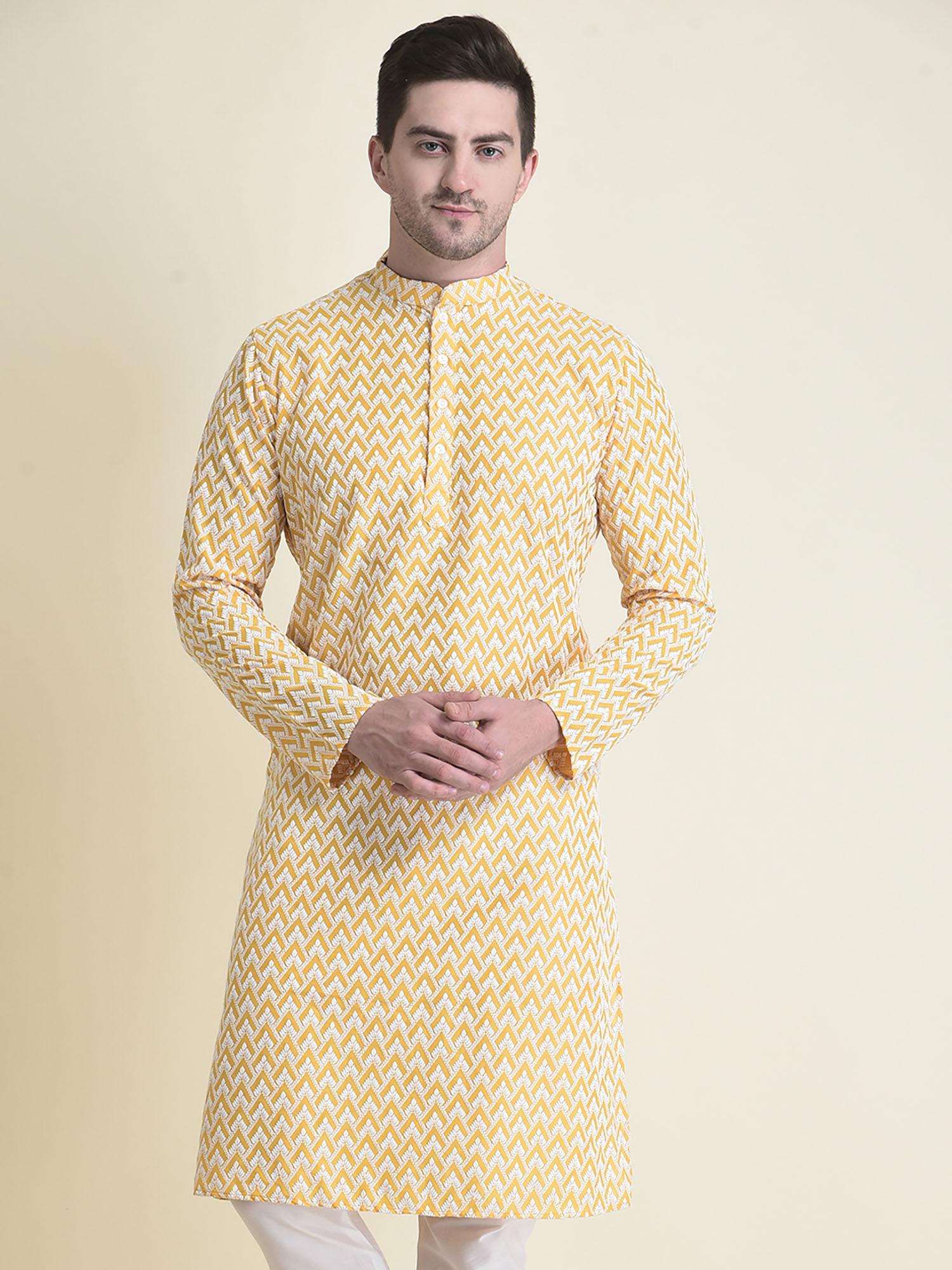 cotton-full-sleeve-regular-fit-chikankari-embroidery-yellow-kurta-for-men