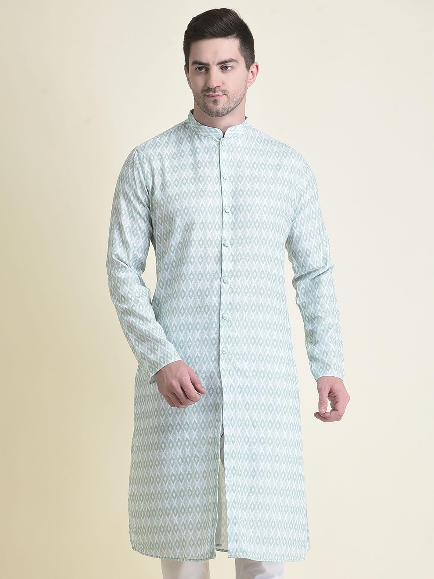 ethnicwear-green-cotton-printed-long-sleeves-mandarin-kurta-for-men