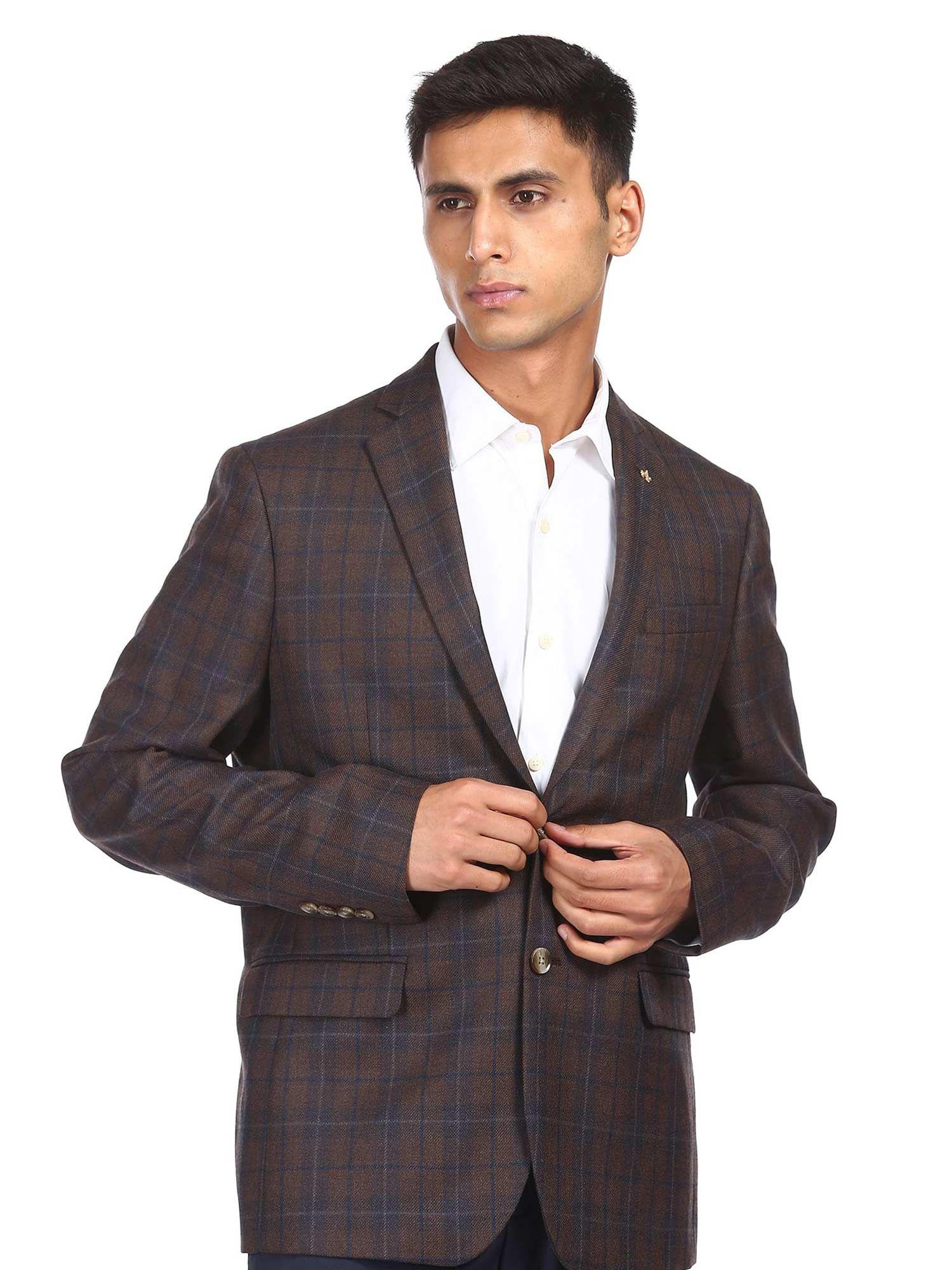 men-brown-multiple-pockets-checked-blazer