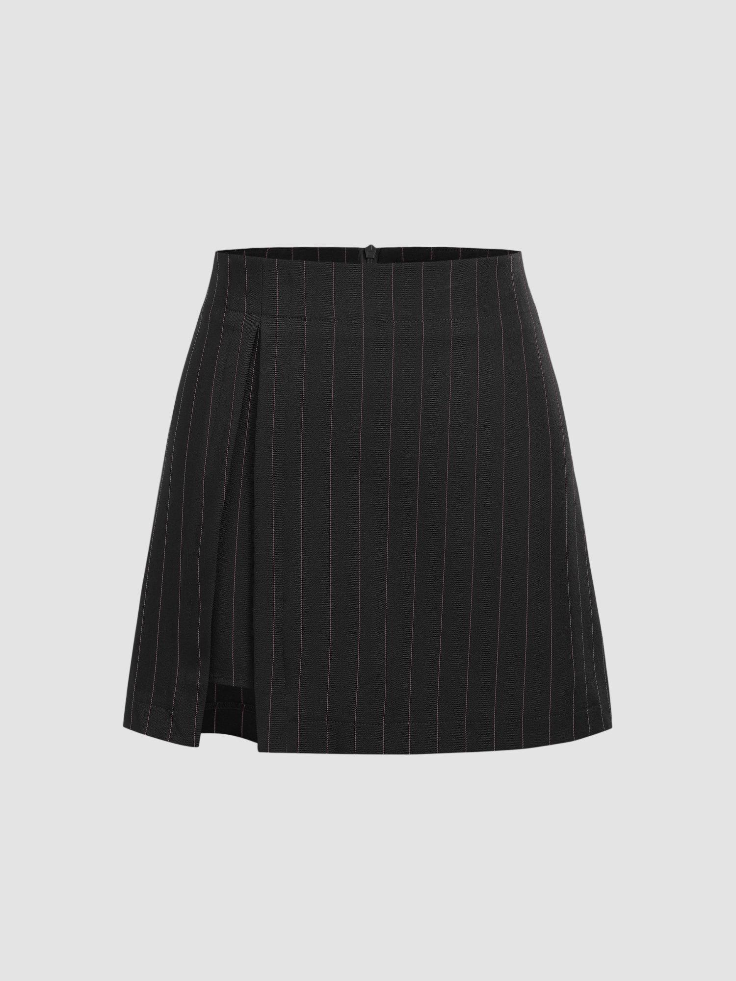 pinstripe-high-waist-slit-mini-skirt