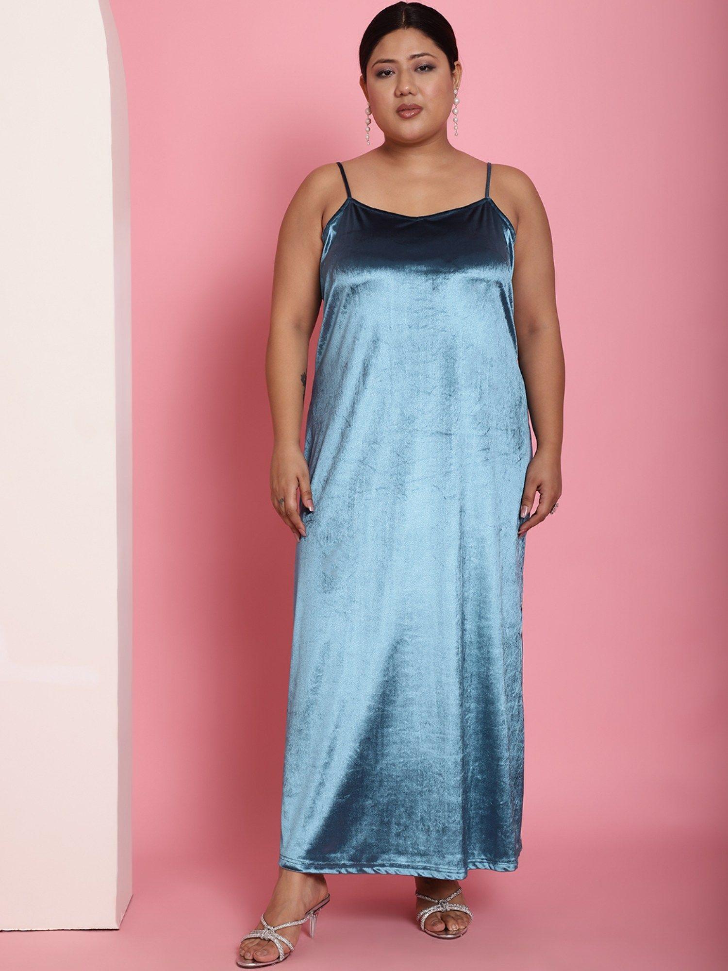 plus-size-womens-blue-solid-color-velvet-maxi-dress