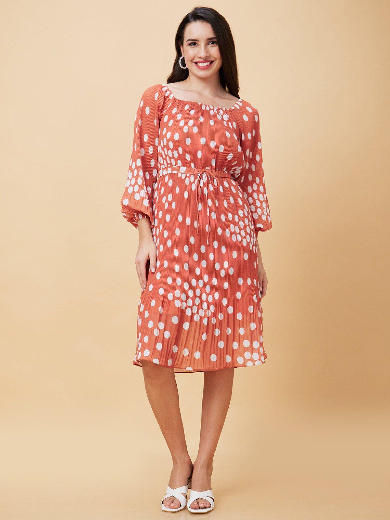 women-brown-polka-dots-print-square-neck-casual-waist-tie-up-fit-and-flare-pleated-dress