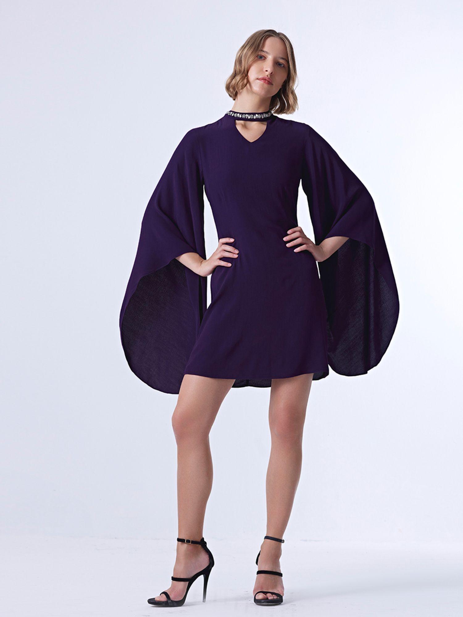 purple-solid-flared-sleeves-high-neck-mini-dress