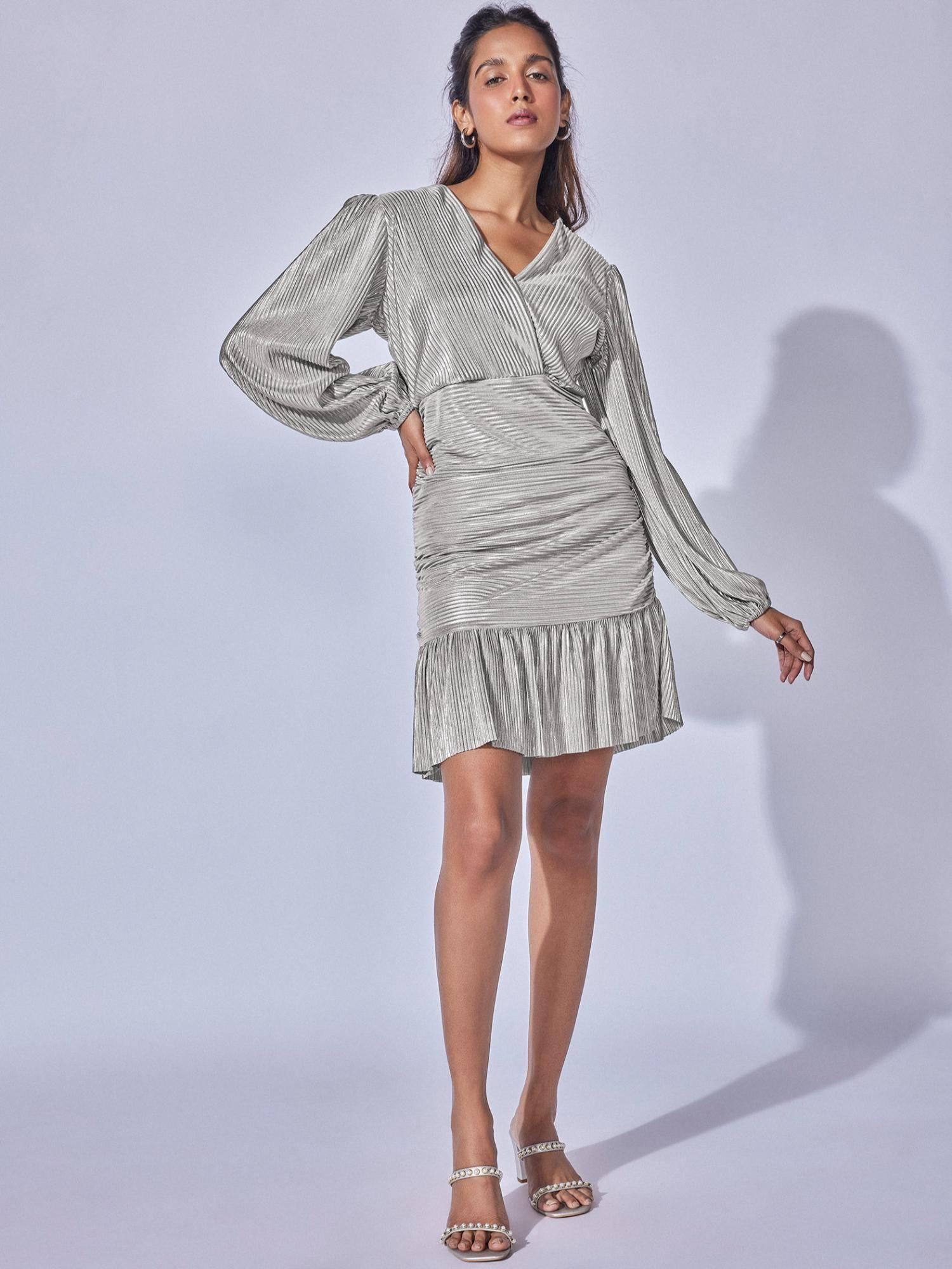 women-grey-shimmer-overlap-gathered-dress
