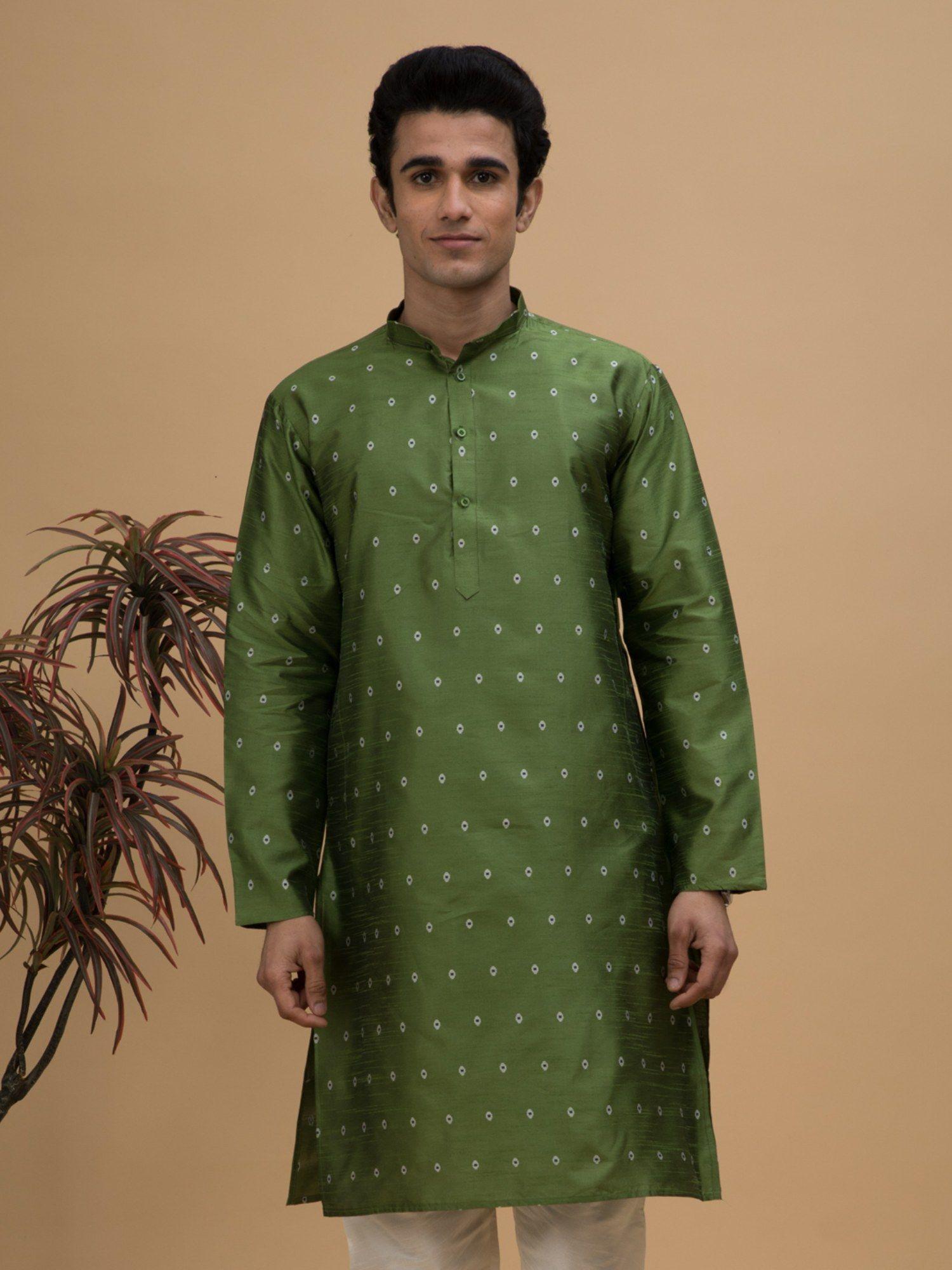 men-green-jacquard-buti-silk-blend-long-kurta