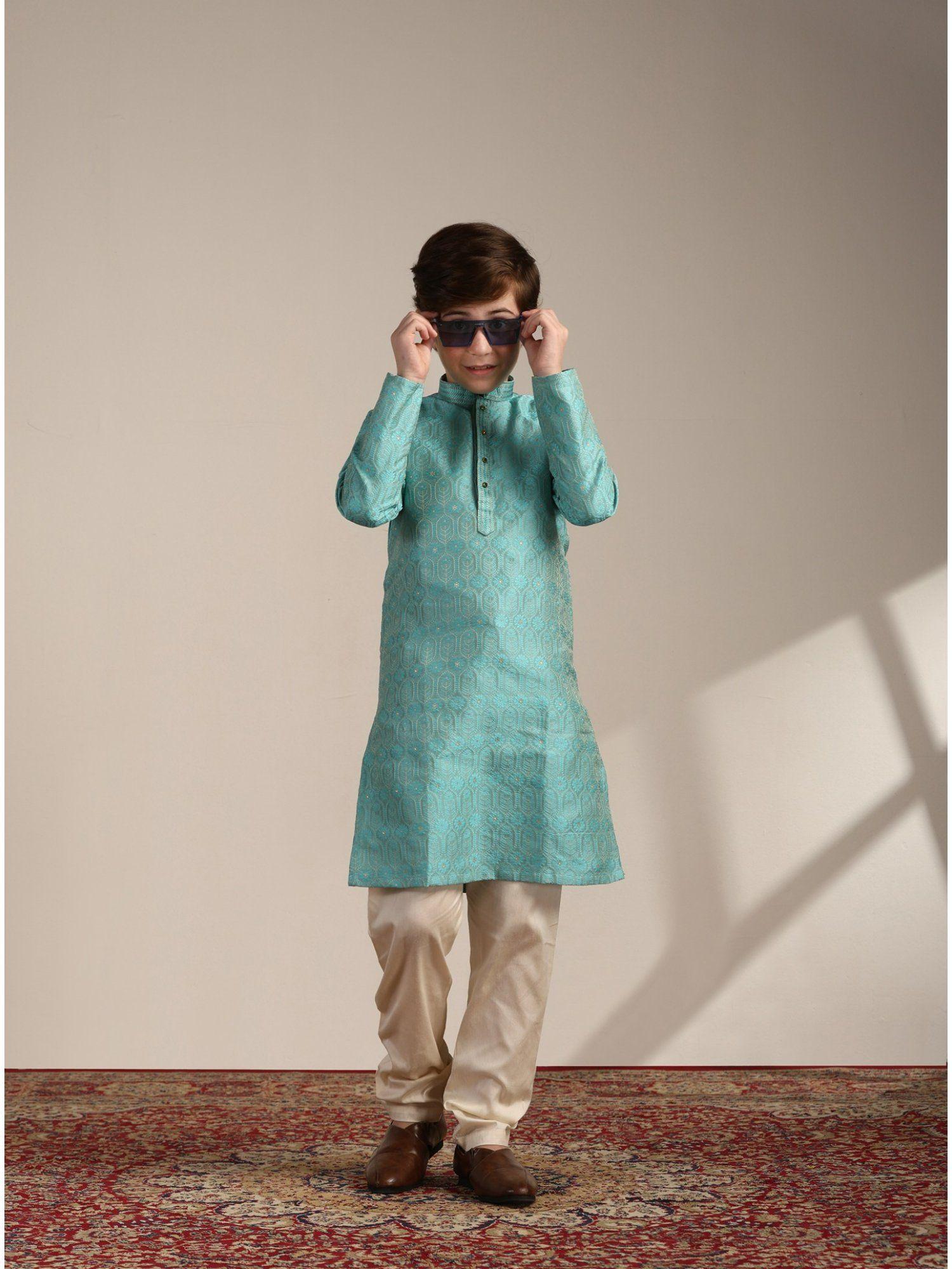 green-art-silk-embroidered-mandarin-collar-kurta-pyjama-(set-of-2)