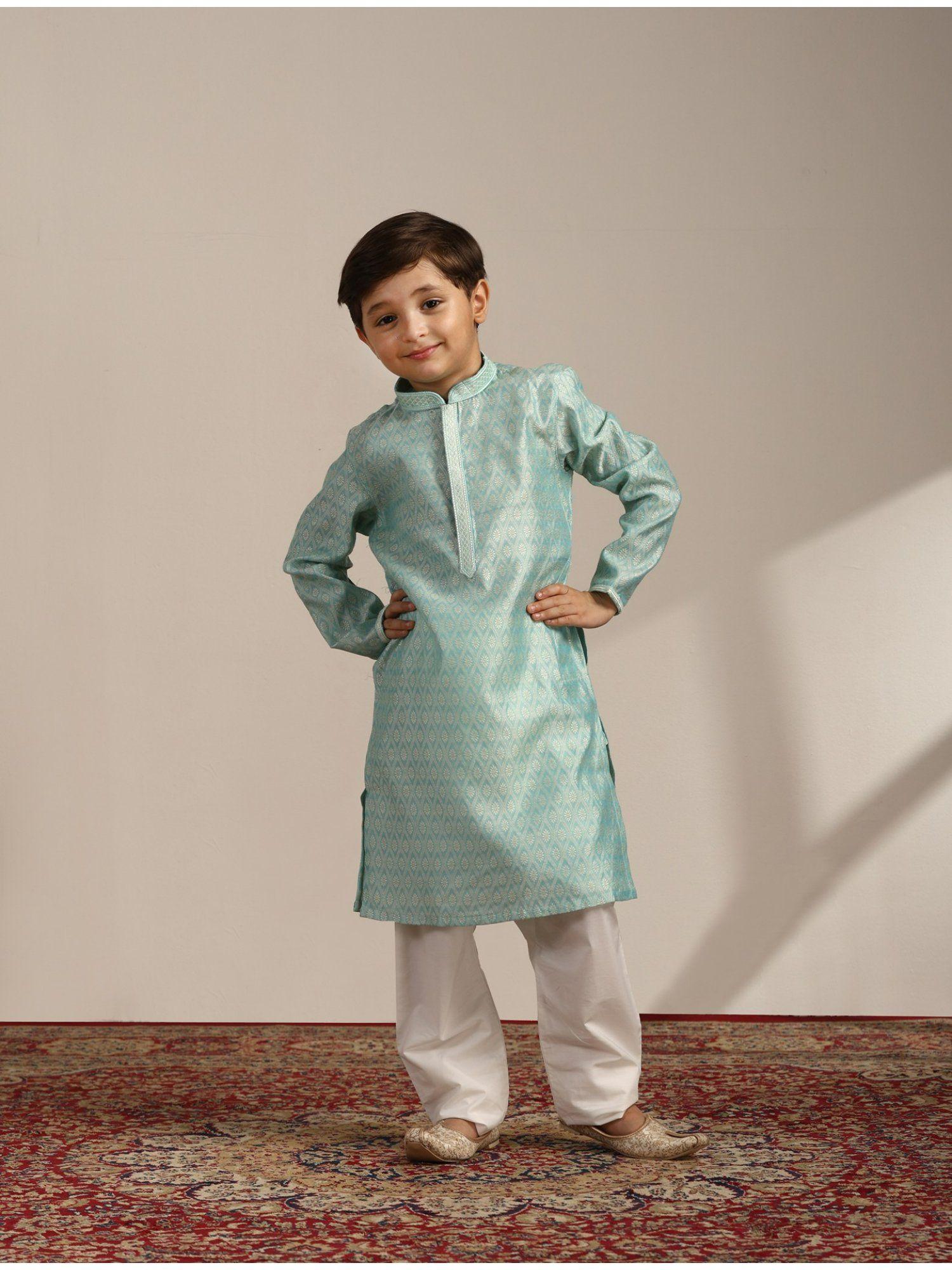 blue-art-silk-woven-mandarin-collar-traditional-kurta-pyjama-(set-of-2)