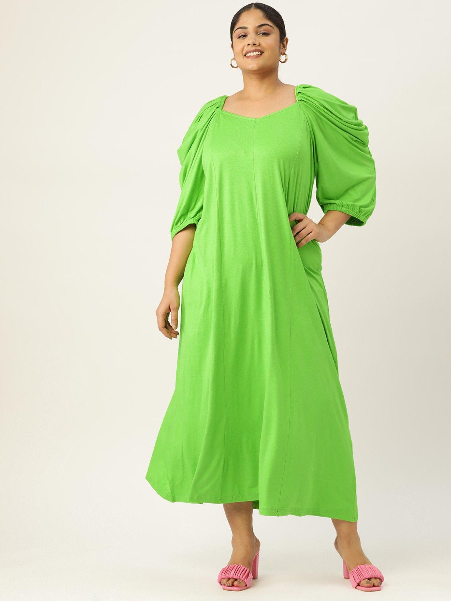 plus-size-womens-bright-green-solid-puff-sleeve-a-line-maxi-dress