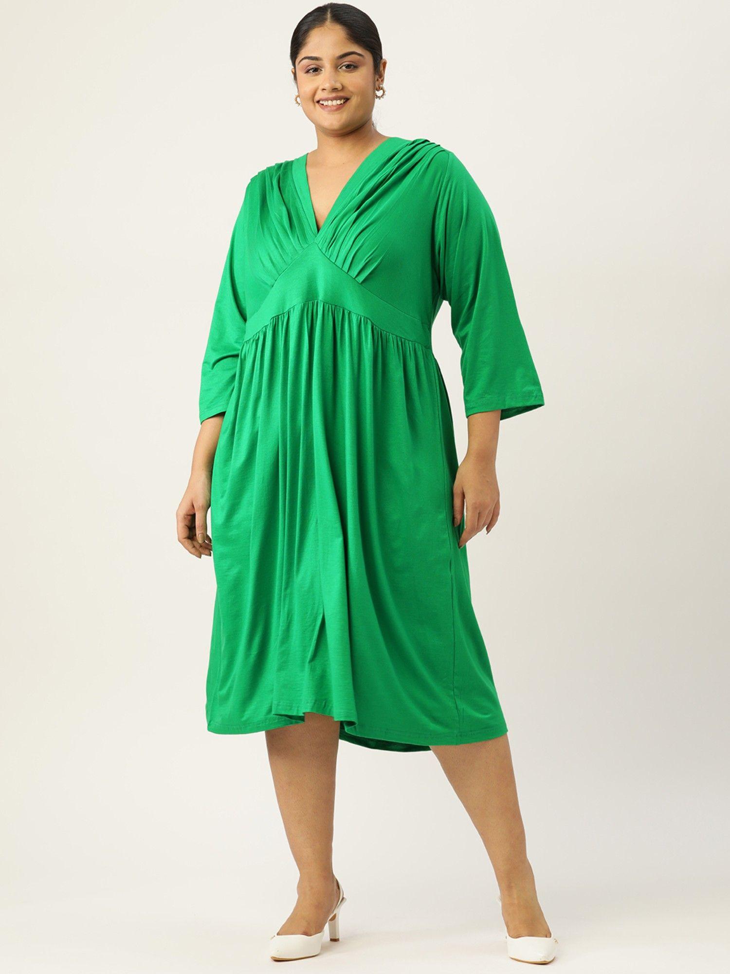 plus-size-womens-emerald-green-solid-gather-detail-a-line-midi-dress