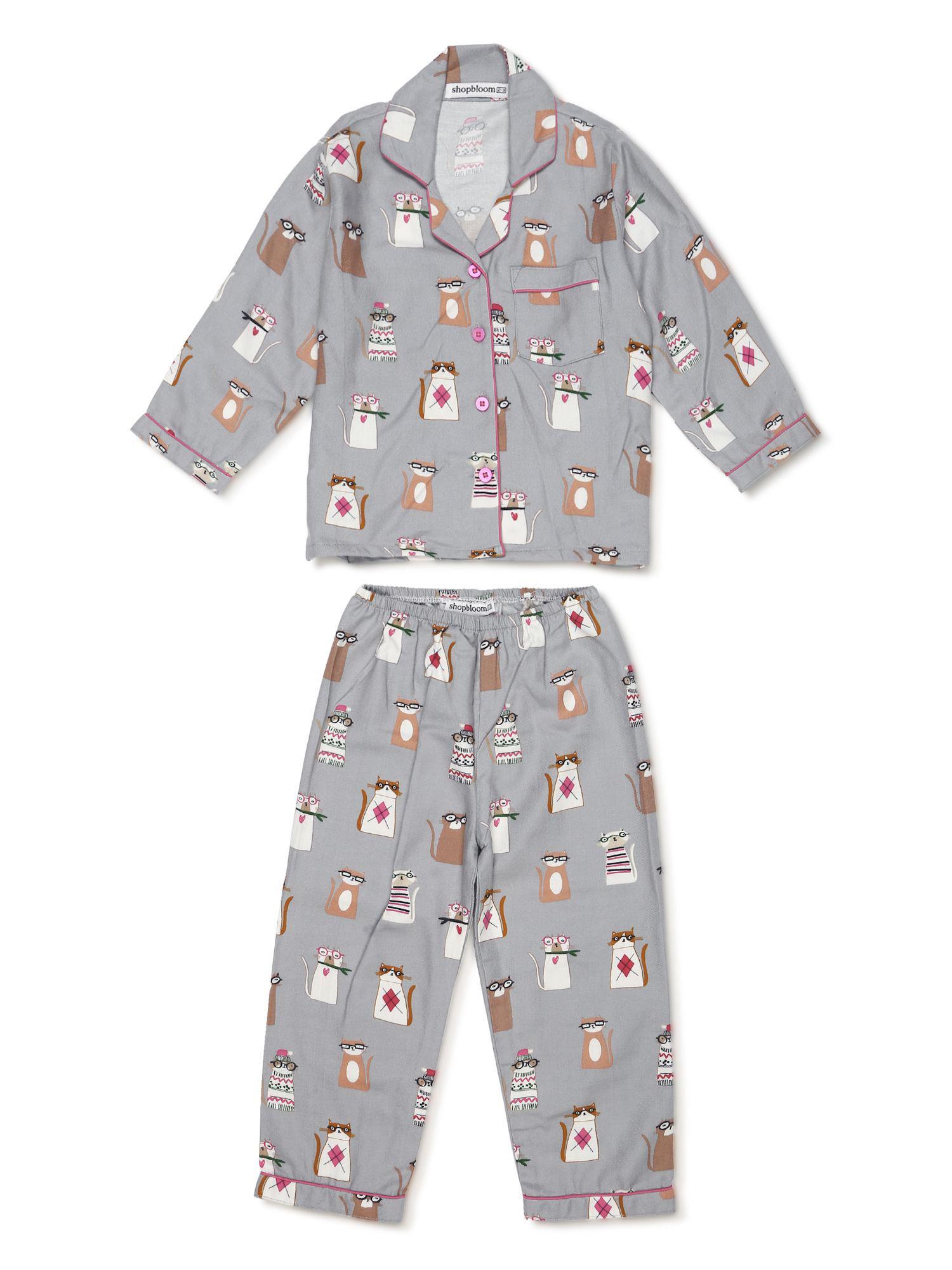 kitty-print-cotton-flannel-long-sleeve-kid's-night-suit