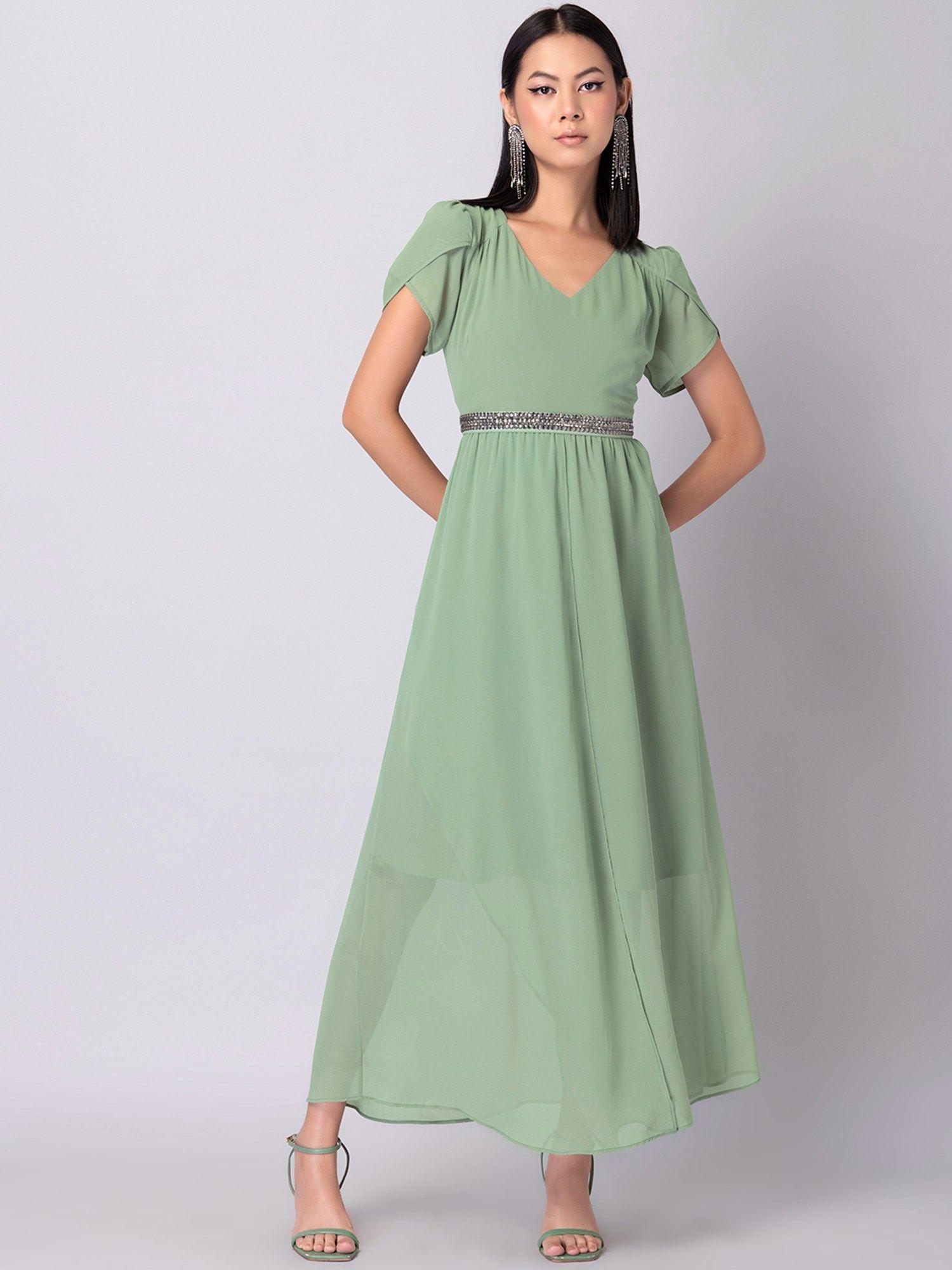 green-tulip-sleeve-maxi-dress-with-embellished-belt