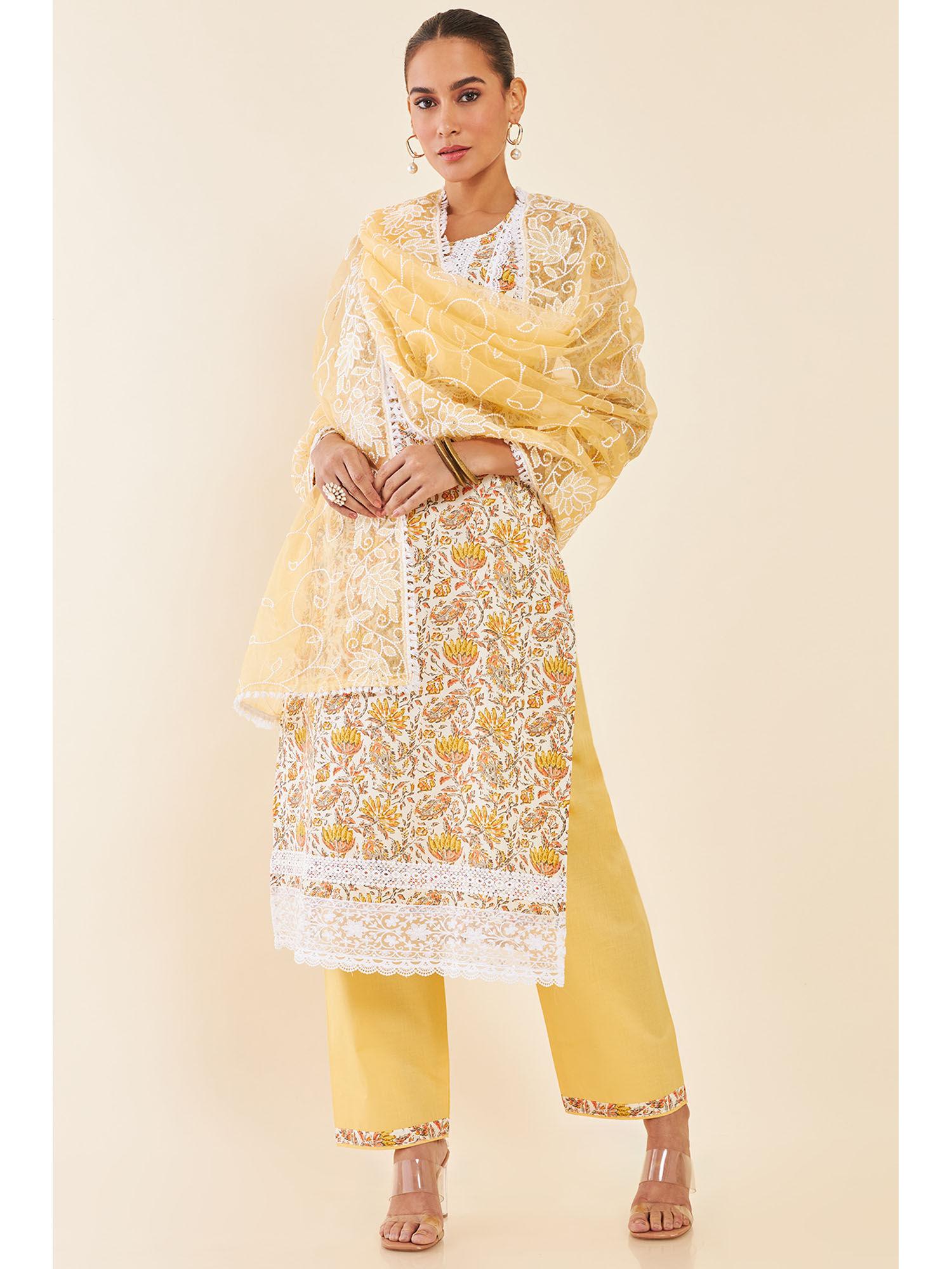 yellow-floral-printed-cotton-unstitched-dress-material-with-mirrors-work-(set-of-3)