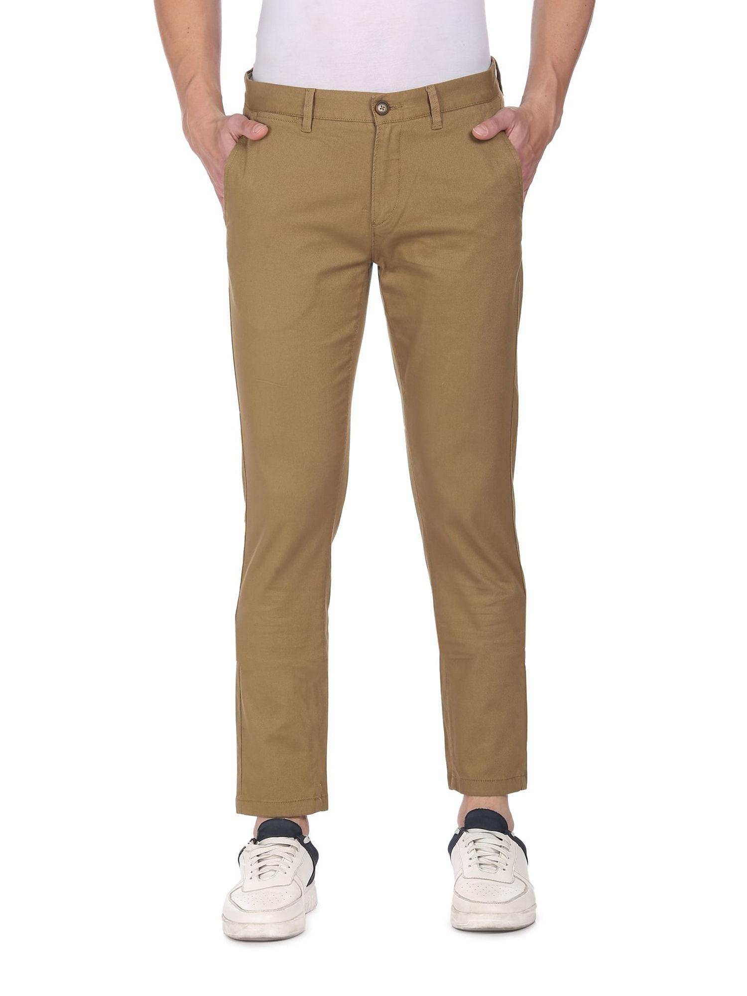 men-khaki-mid-rise-solid-trousers