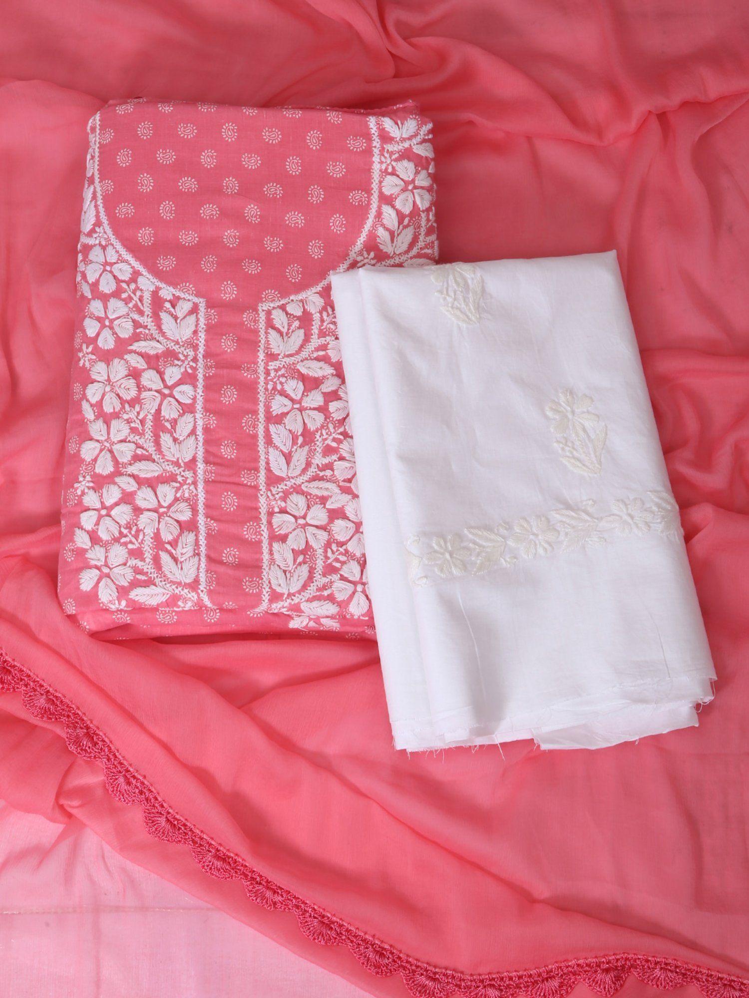 hand-embroidered-lucknow-chikankari-carrot-pink/white-cotton-unstiched-dress-material