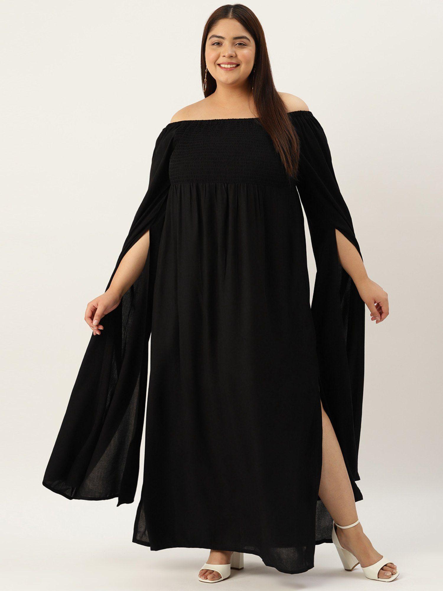 plus-size-women's-black-solid-color-extended-sleeve-maxi-dress