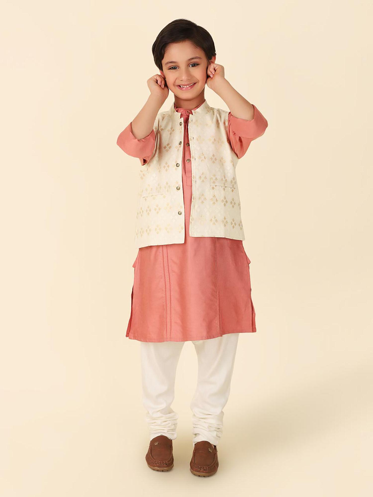 peach-cutwork-woven-boys-kurta-and-nehru-jacket-(set-of-2)