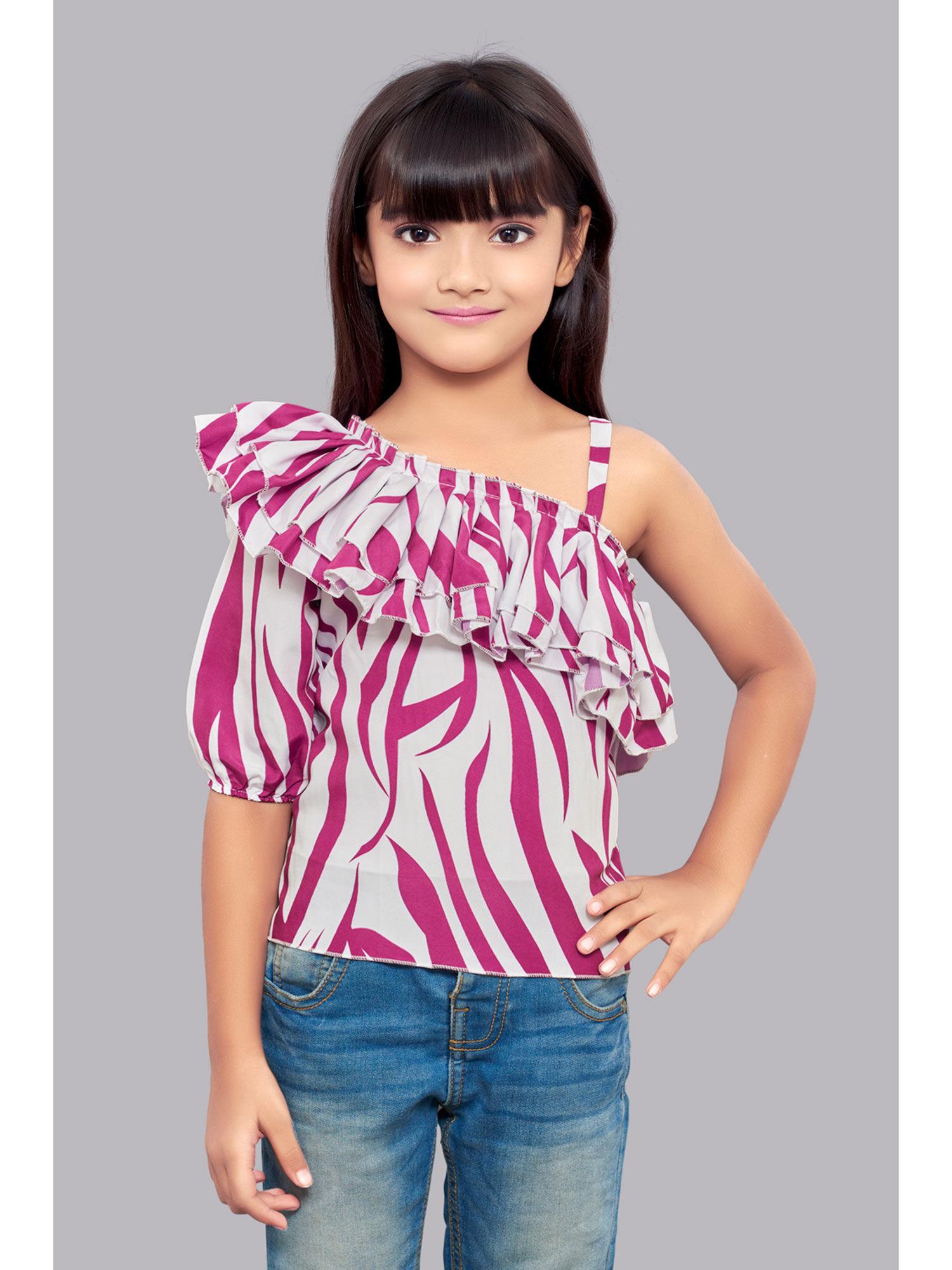 pink-one-shoulder-zebra-print-top-with-ruffle-sleeves