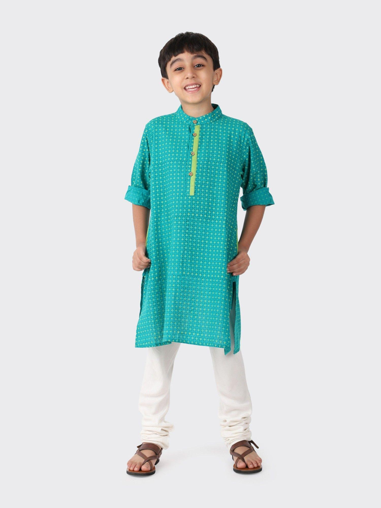 turquoise-cotton-printed-boys-kurta