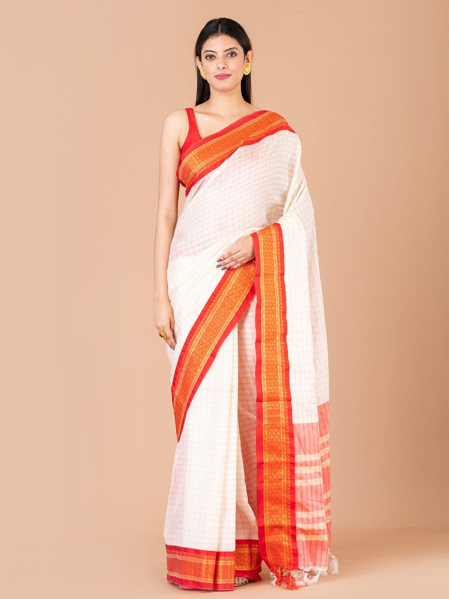white-&-red-silk-banarasi-saree-with-unstitched-blouse