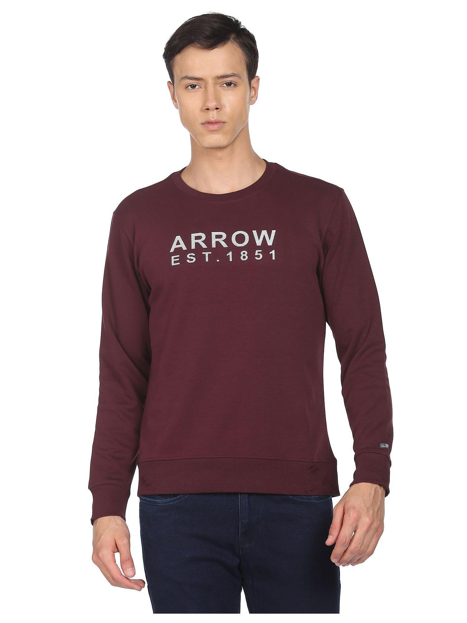 men-burgundy-crew-neck-brand-print-sweatshirt