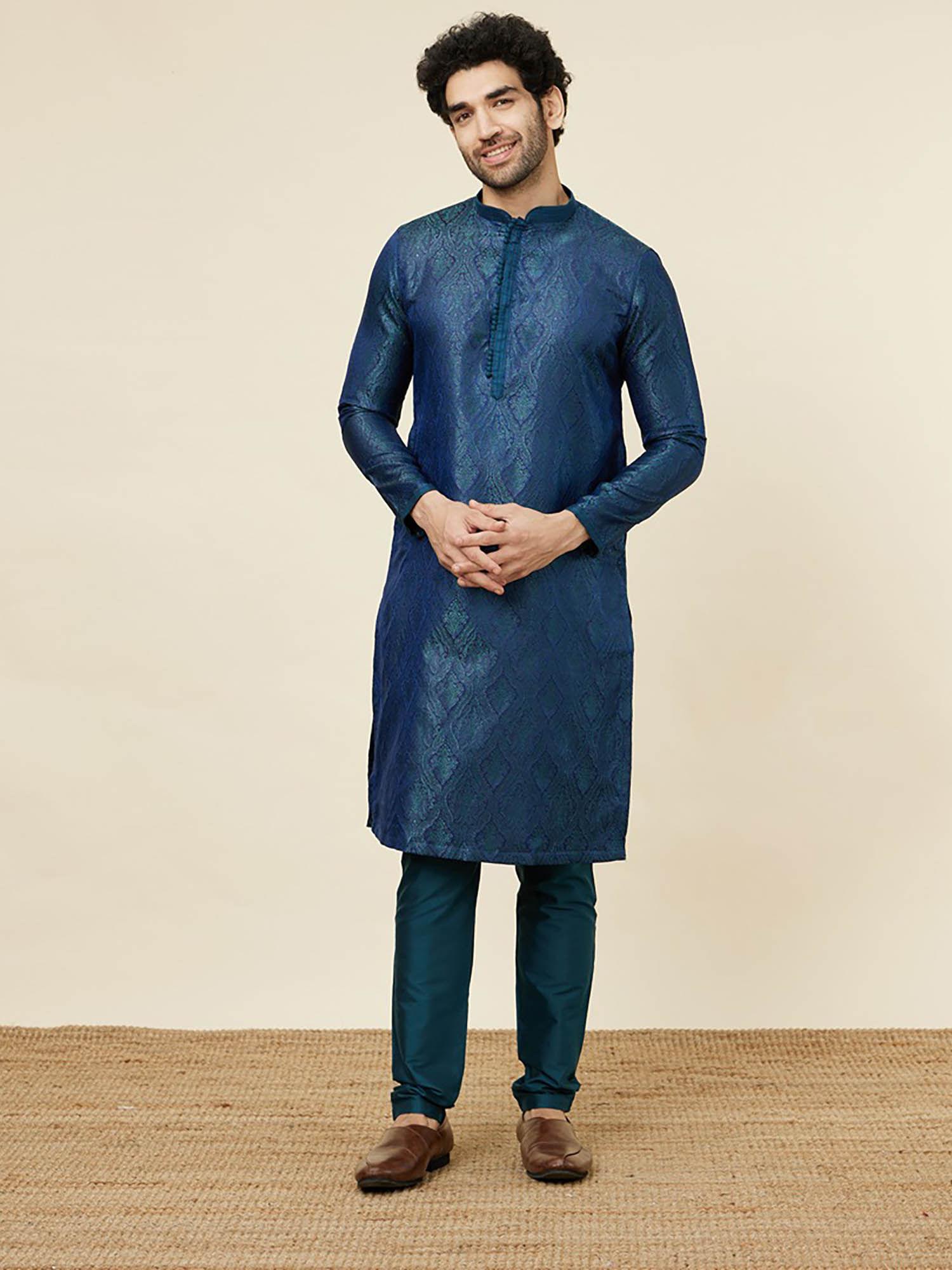 mens-mid-blue-brocade-kurta-pyjama-(set-of-2)