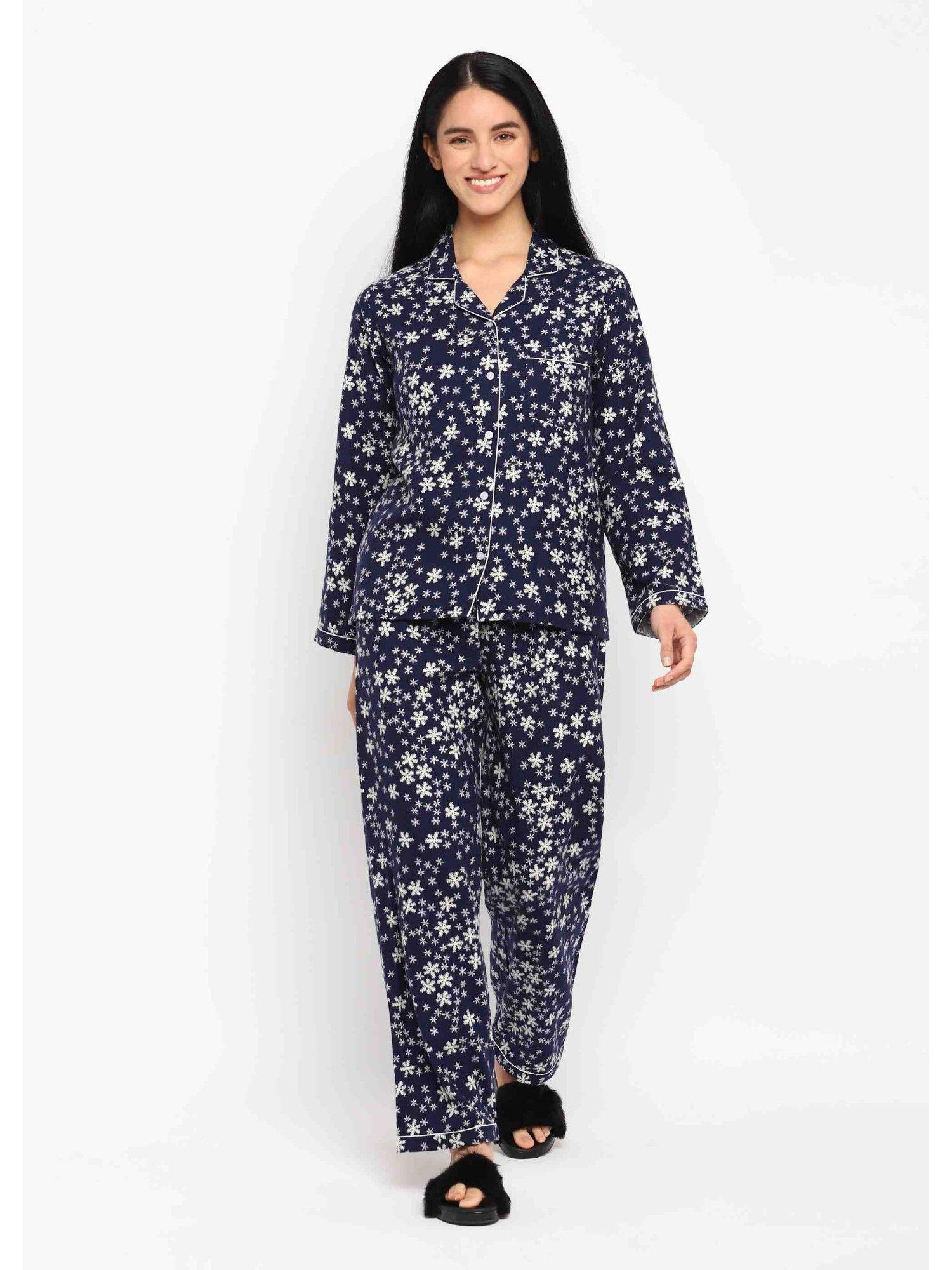 blue-small-snowflakes-cotton-flannel-long-sleeve-womens-night-suit-(set-of-2)