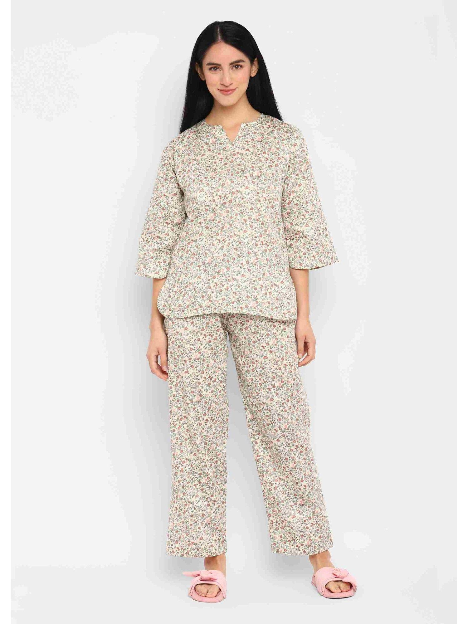 light-brown-ditsy-print-cotton-long-sleeve-womens-night-suit-(set-of-2)