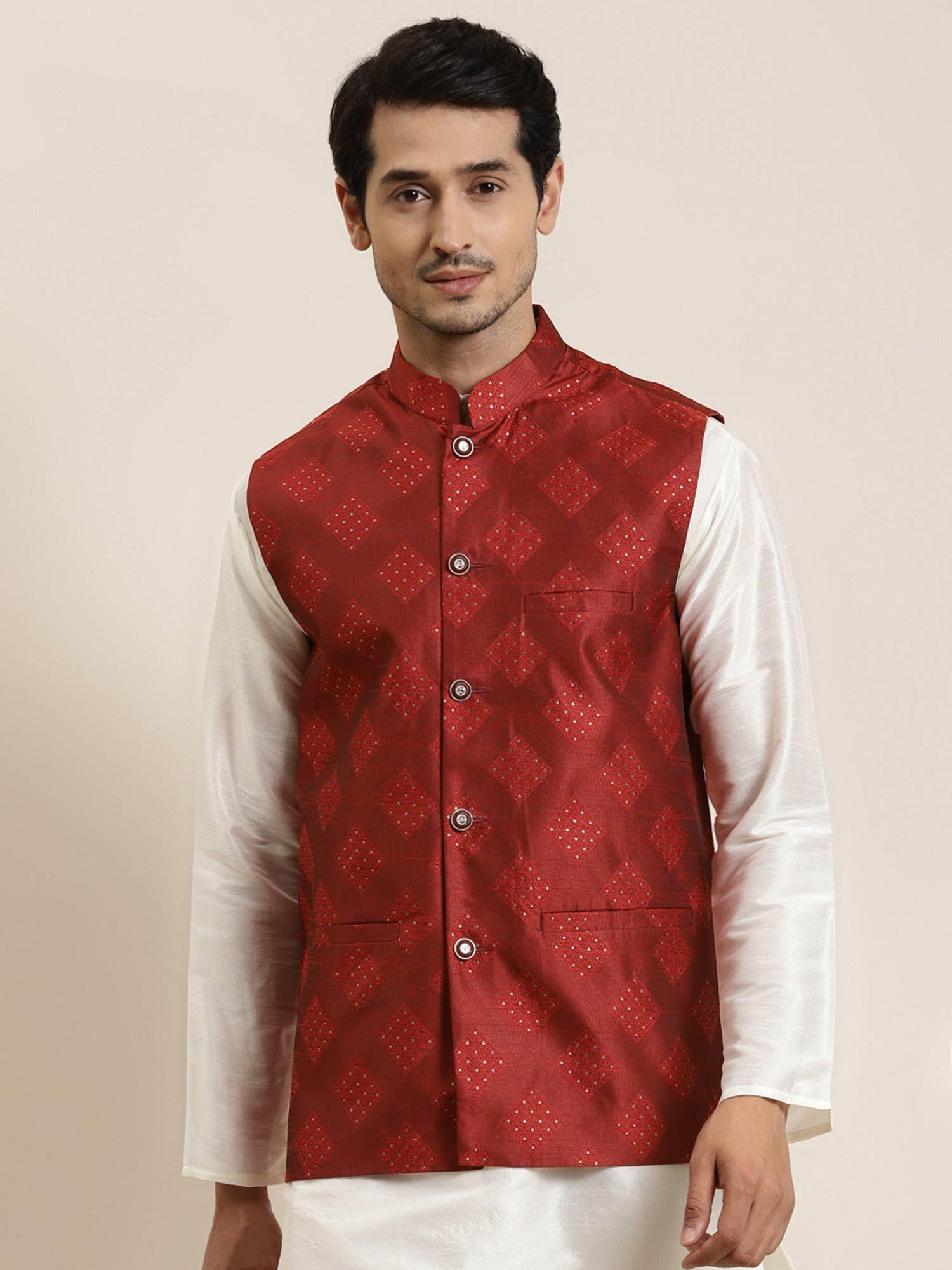 men-jacquard-silk-maroon-&-gold-self-design-nehru-jacket