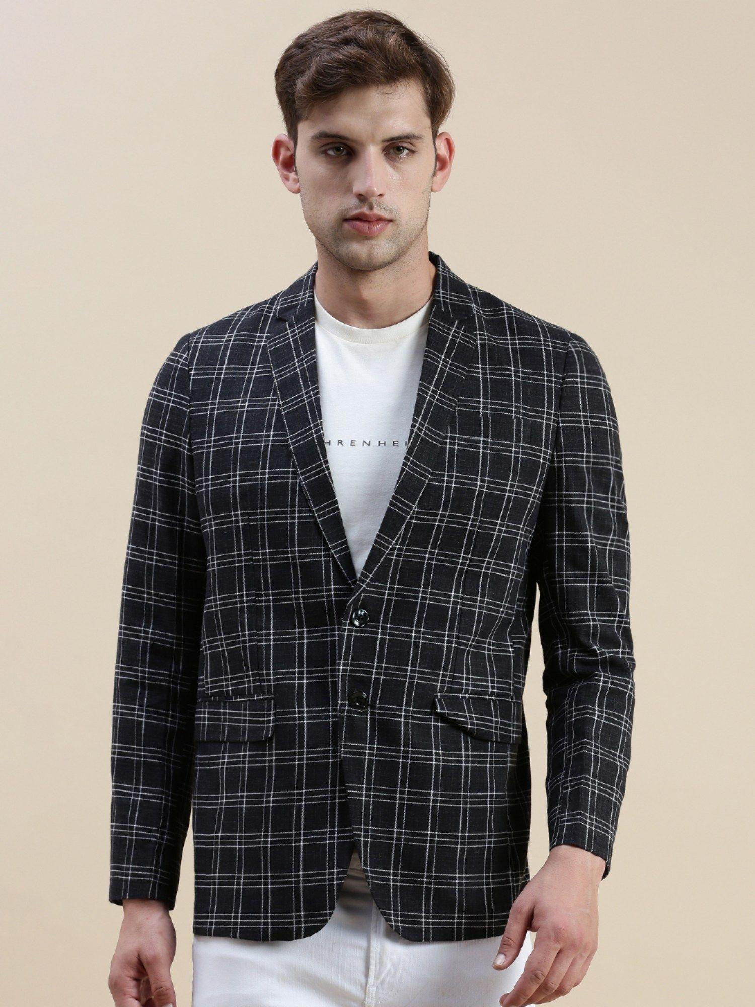 men's-checked-slim-fit-notched-lapel-black-single-breasted-blazer