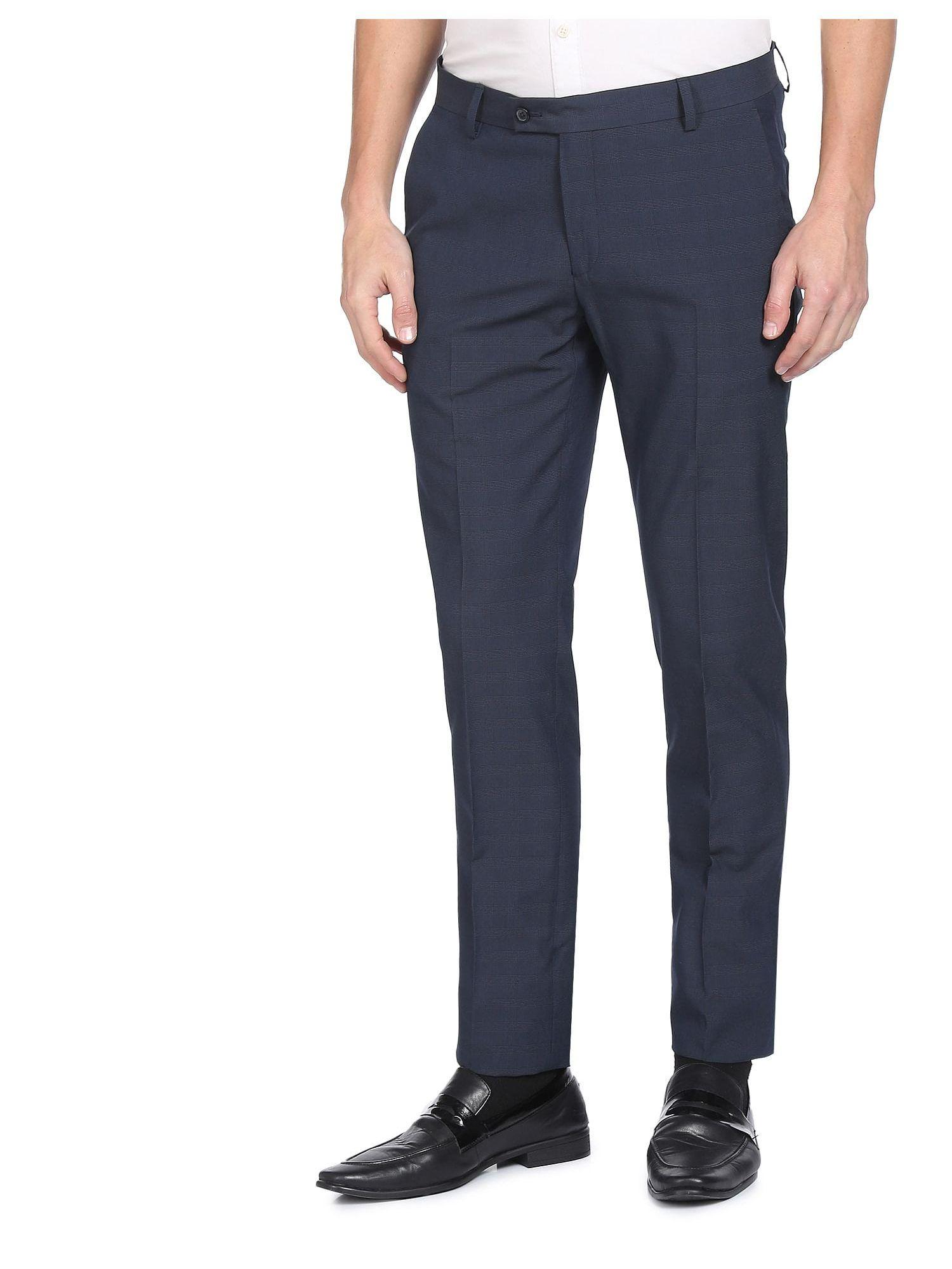 men-dark-blue-mid-rise-checked-formal-trousers