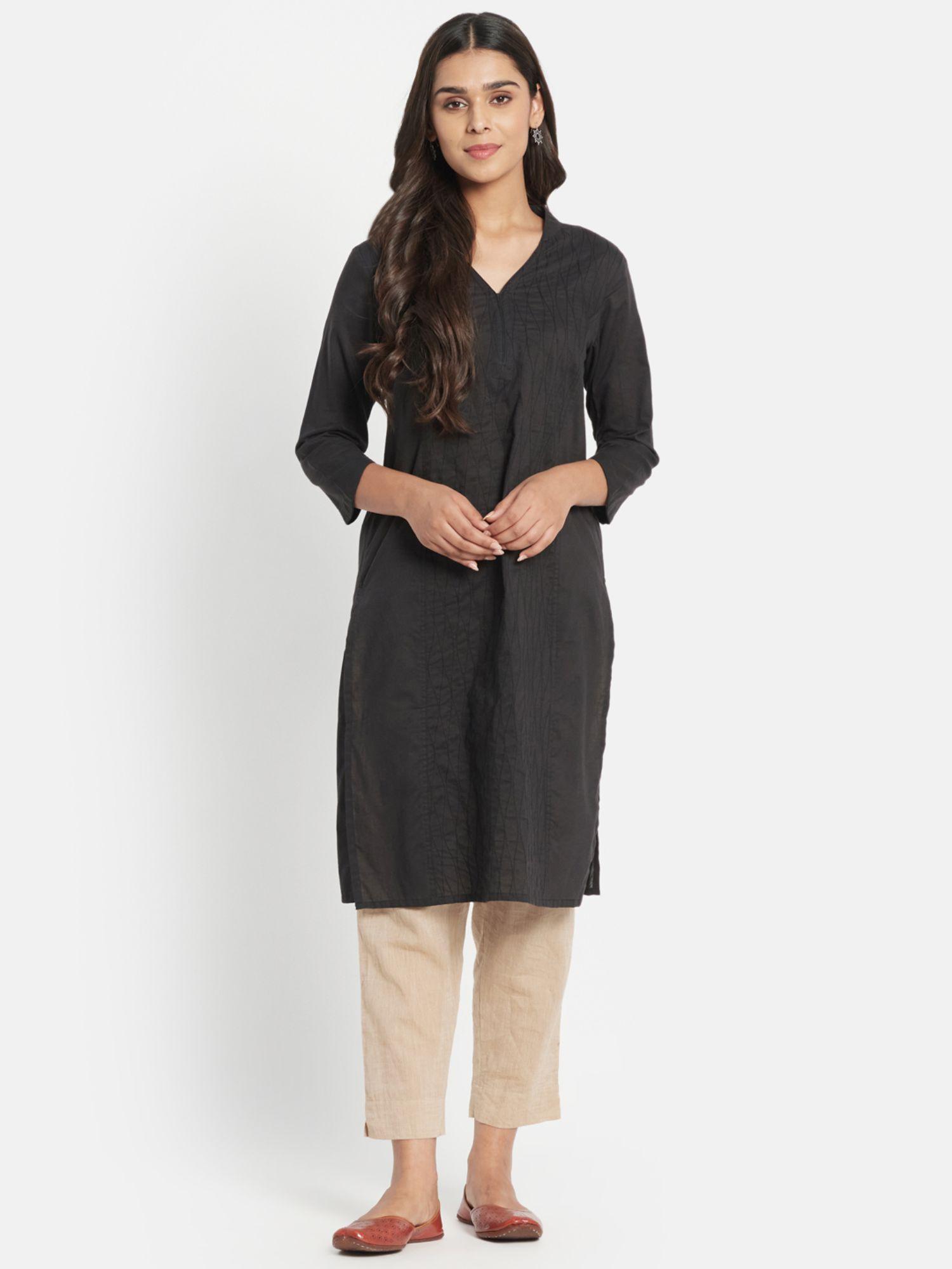 black-embroidered-woven-cotton-knee-length-kurta