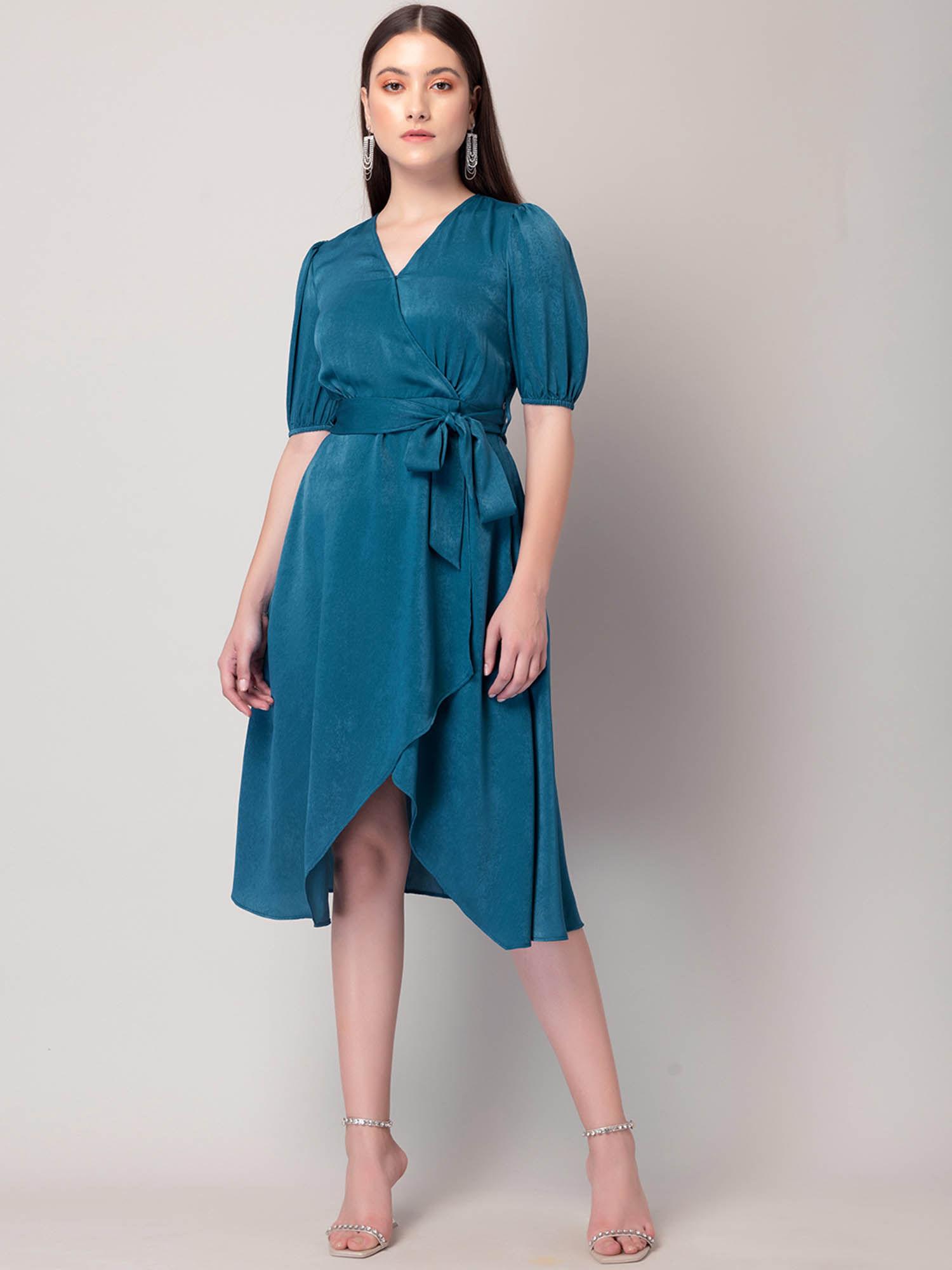 teal-blue-satin-wrap-dress-with-belt-(set-of-2)