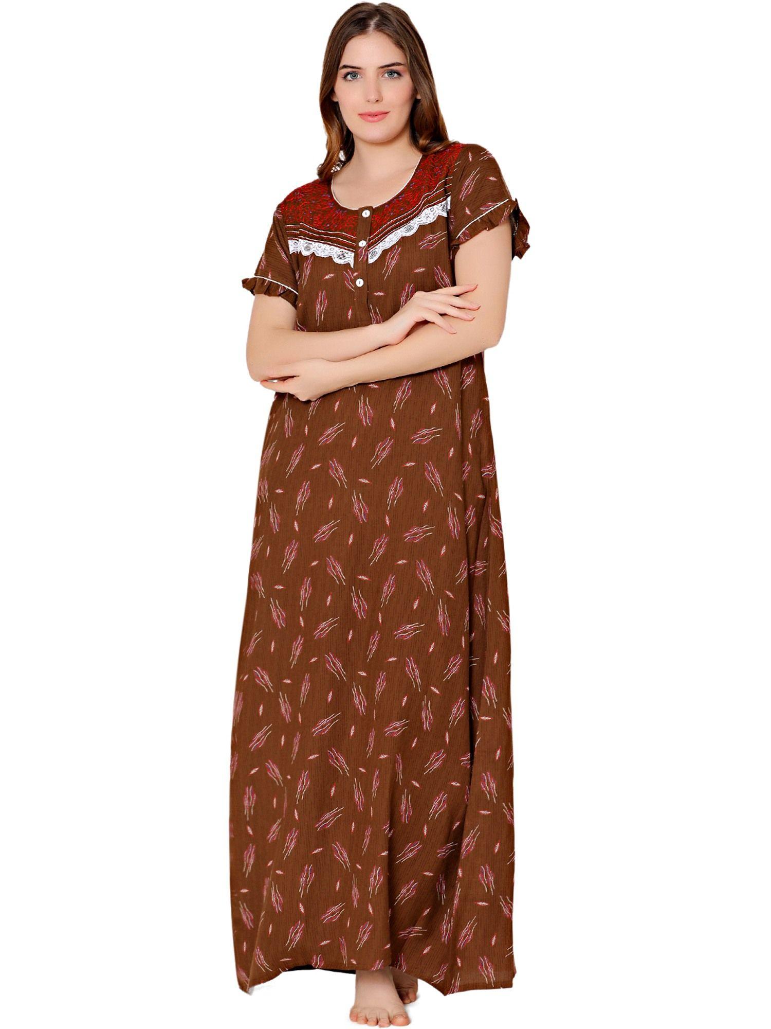 womens-polycotton-round-neck-printed-long-night-dress--bsn2005c-brown
