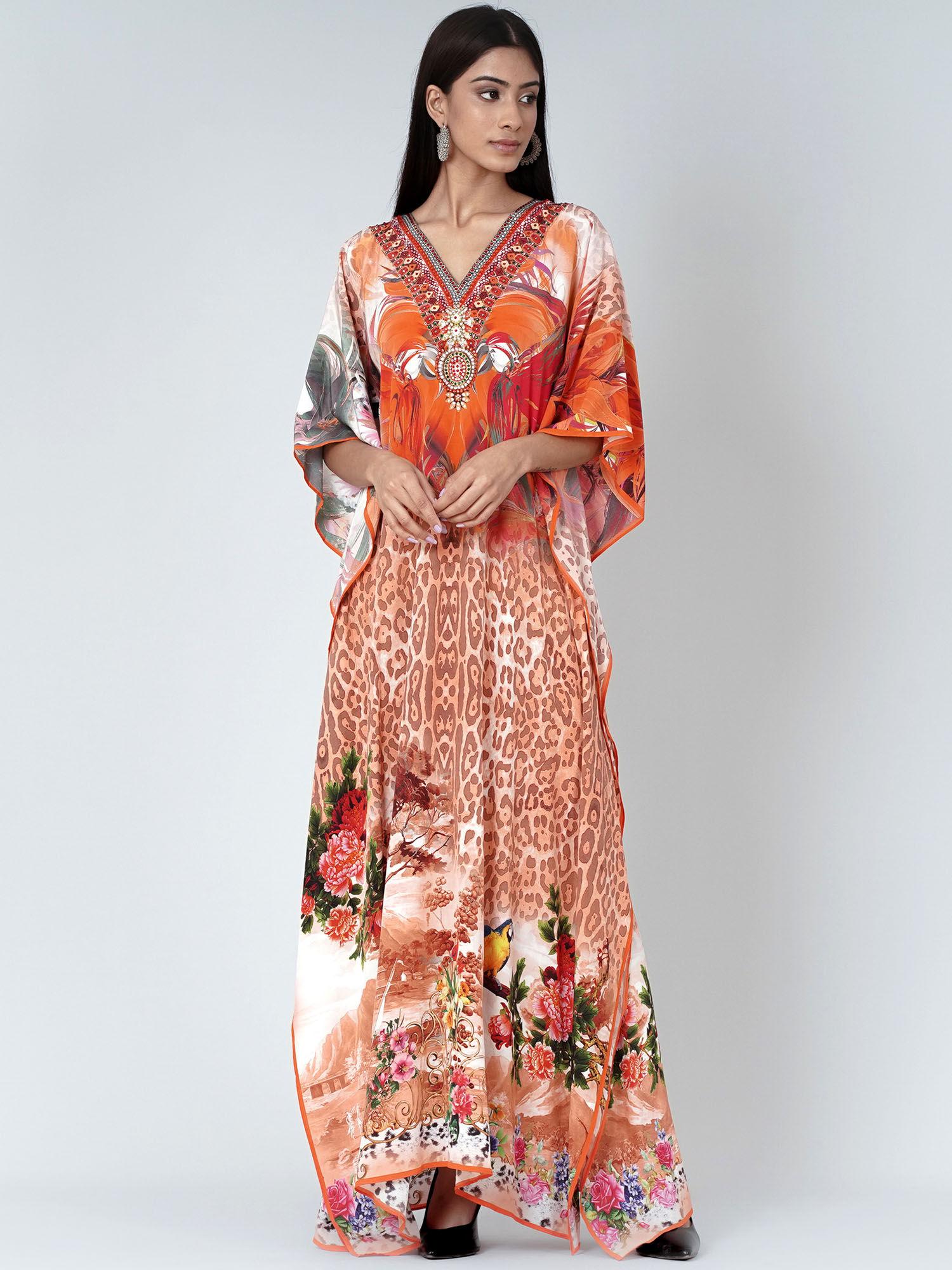 burnt-orange-and-brown-animal-print-embellished-silk-kaftan