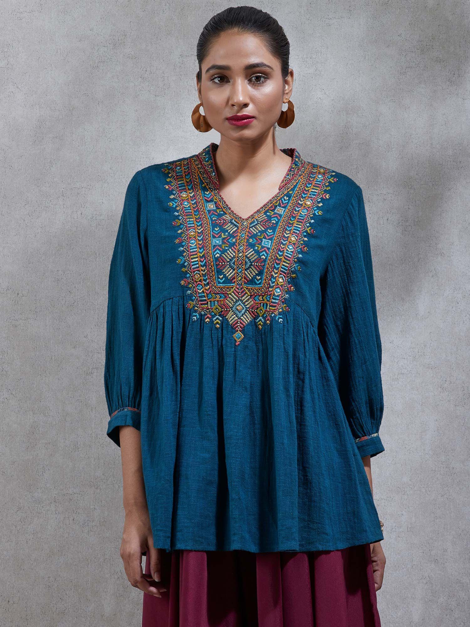 blue-embroidered-short-tunic