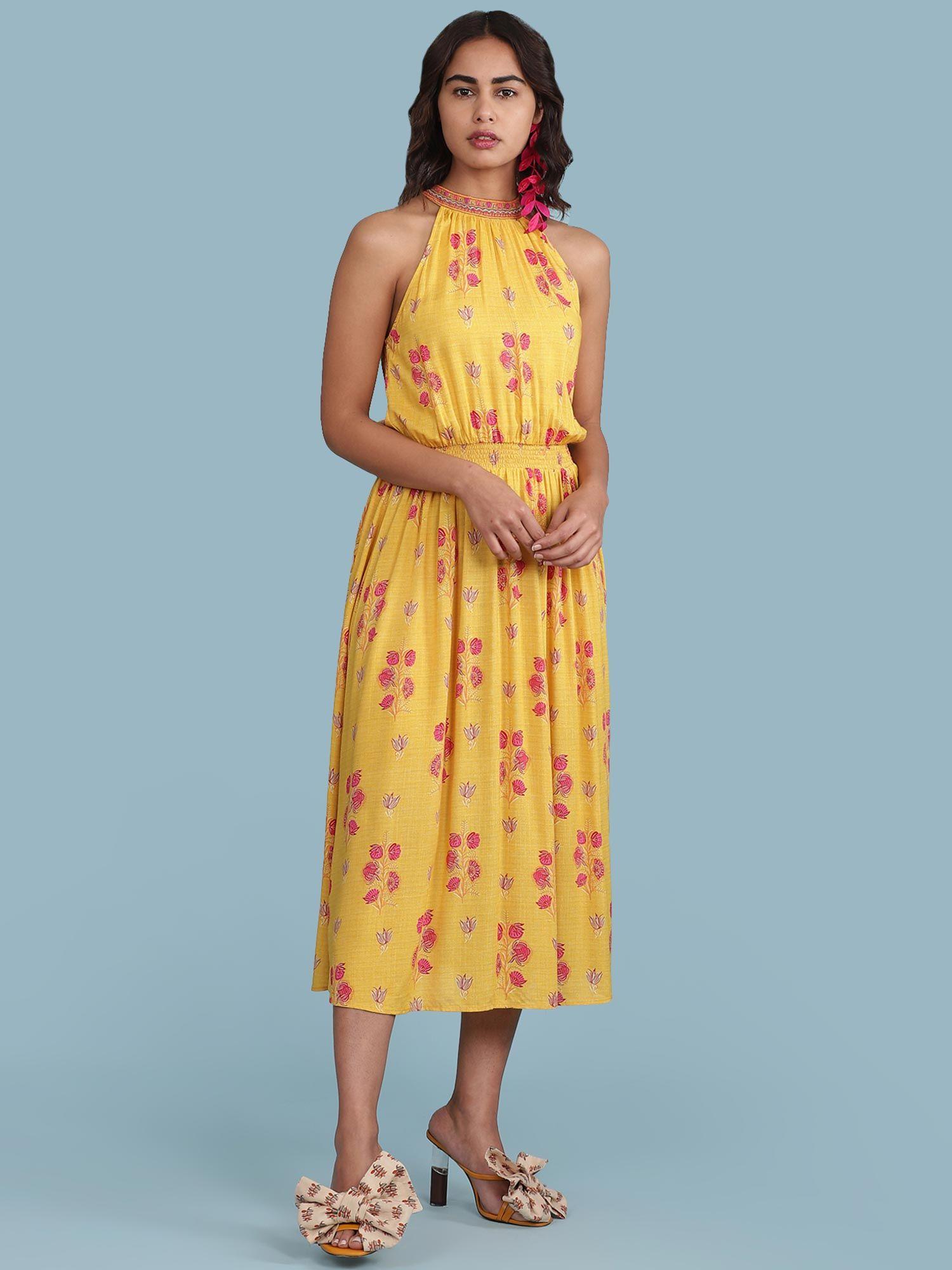 embroidered-halter-neck-printed-short-dress-with-smocking-at-waist