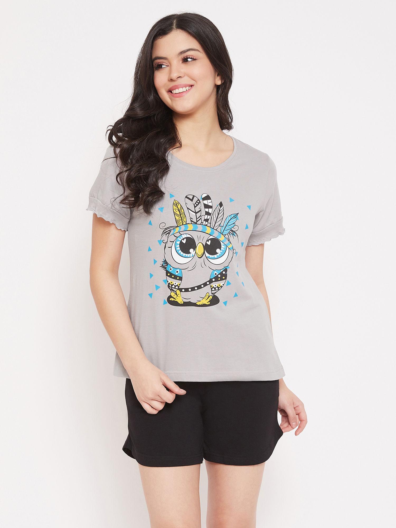 cotton-owl-printed-top-&-shorts-set---grey