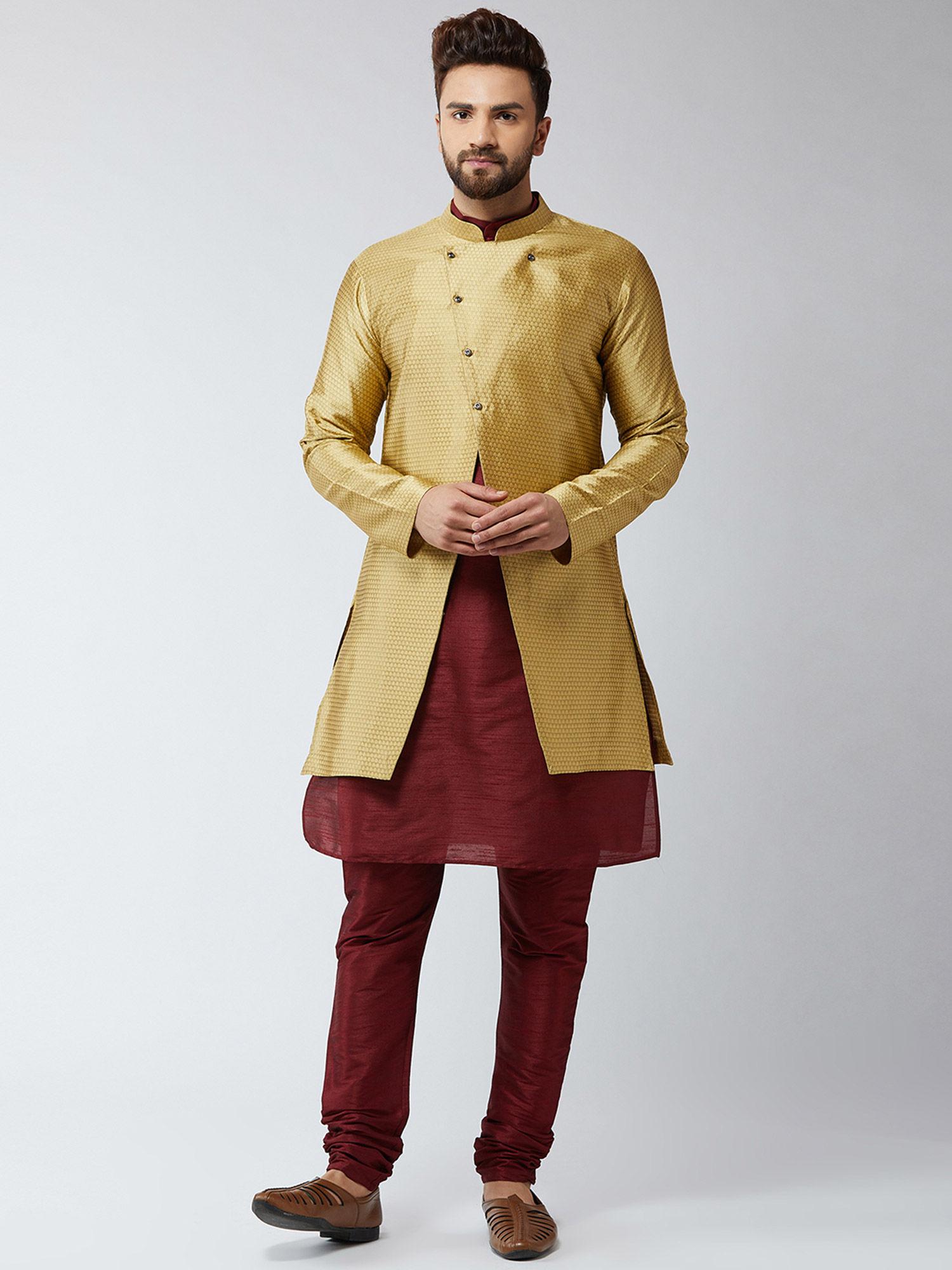 silk-blend-maroon-kurta-churidaar-pyjama-&-gold-sherwani-jacket-(set-of-3)