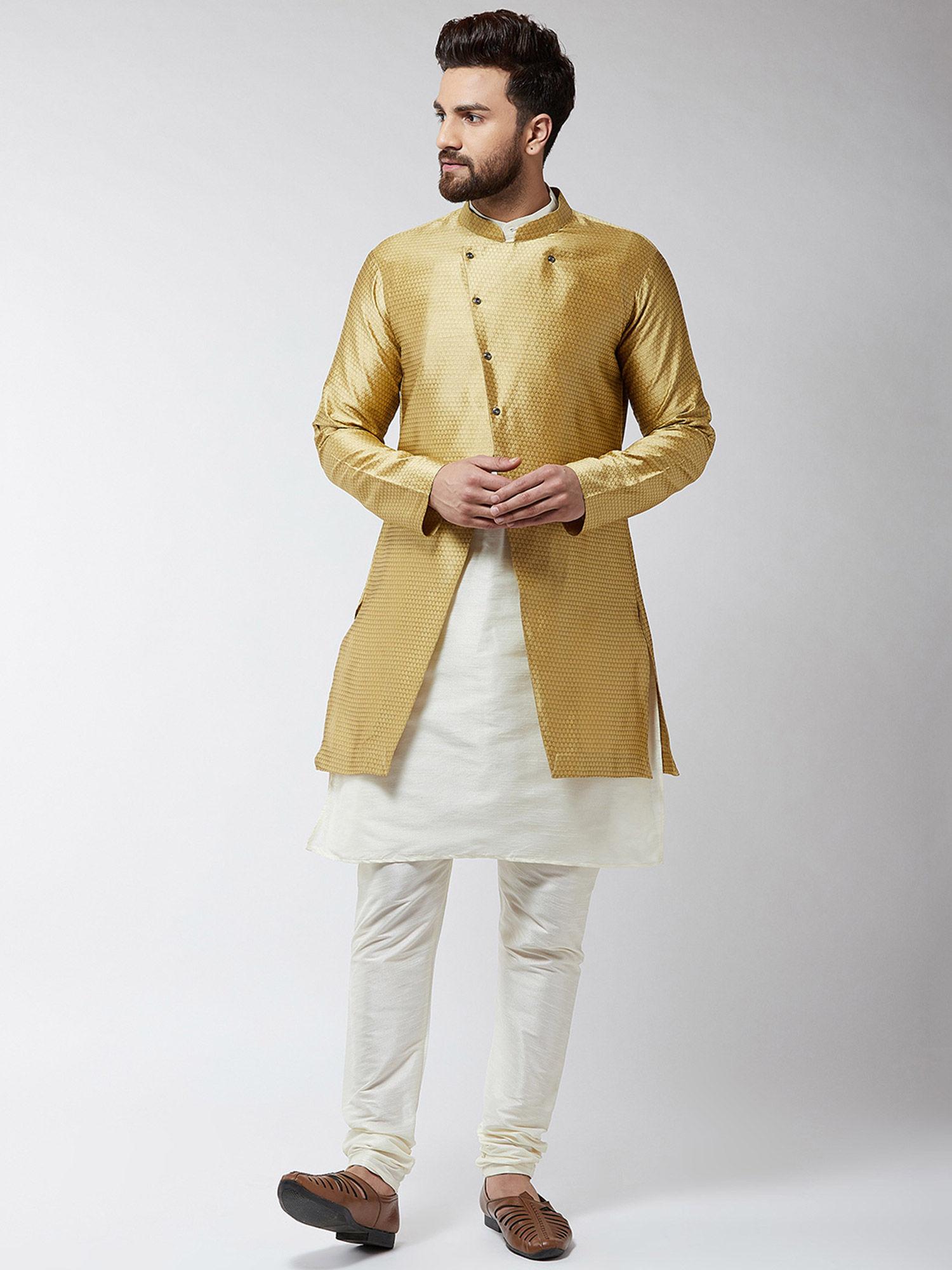 men-silk-blend-cream-kurta-with-churidaar-pyjama-&-gold-sherwani-jacket-(set-of-3)
