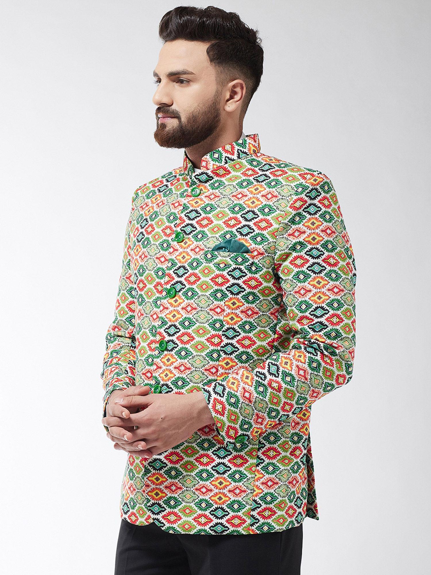 men-cotton-blend-green-&-multi-printed-blazer