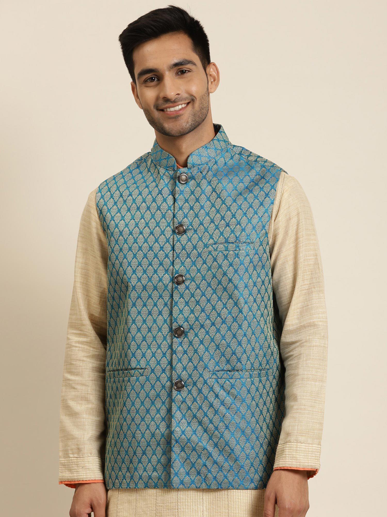 jacquard-silk-peacock-blue-self-design-only-nehru-jacket